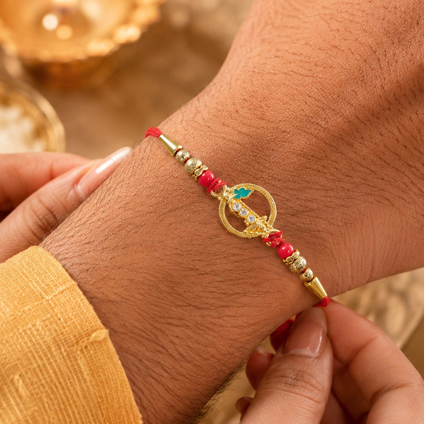 Decorative beads and kundan on traditional rakhi for brothers