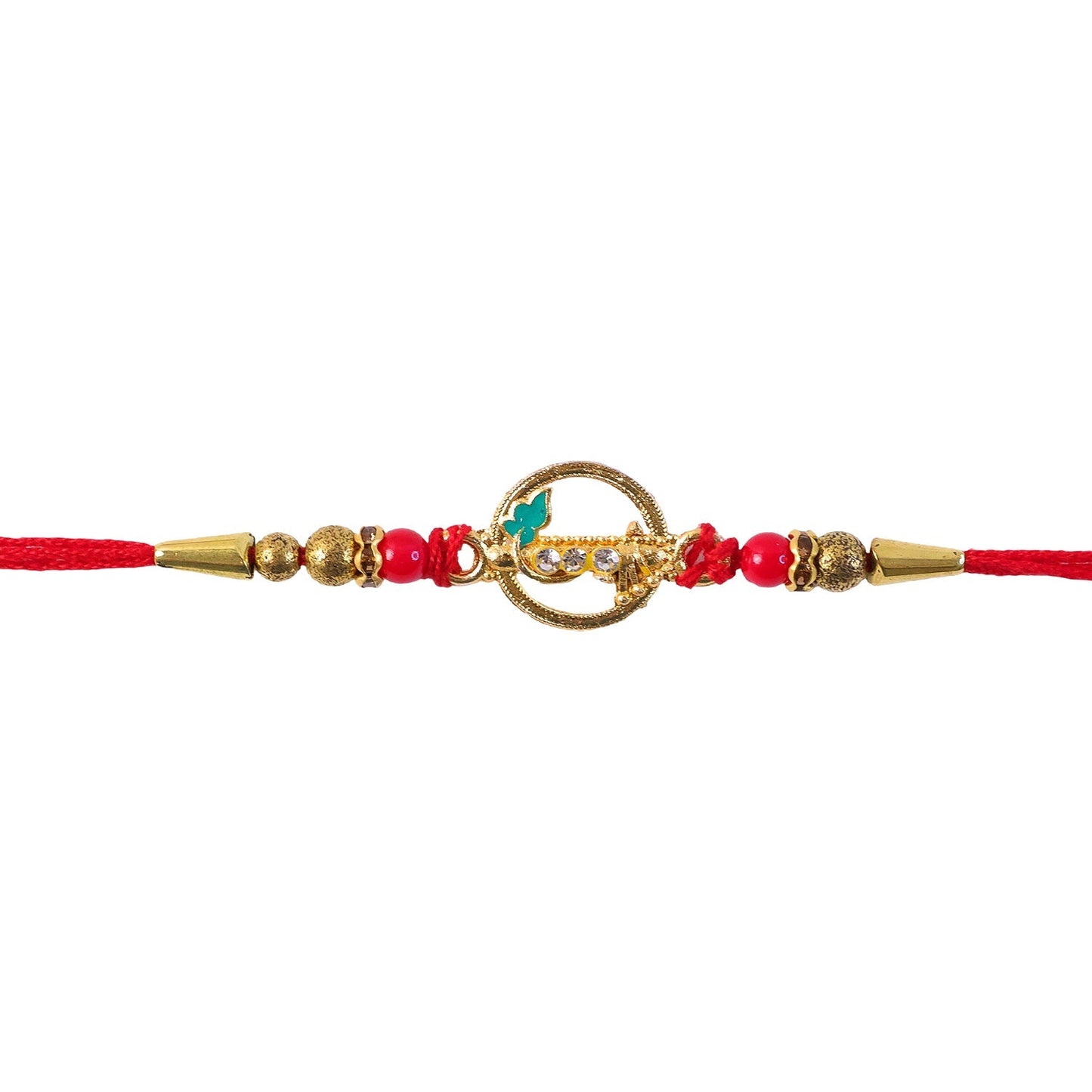 Stylish designer rakhi featuring peacock design and decorative beads