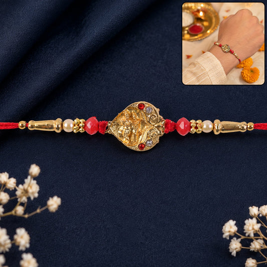 Beautiful designer rakhi with beaded center design and vibrant decorative beads.
