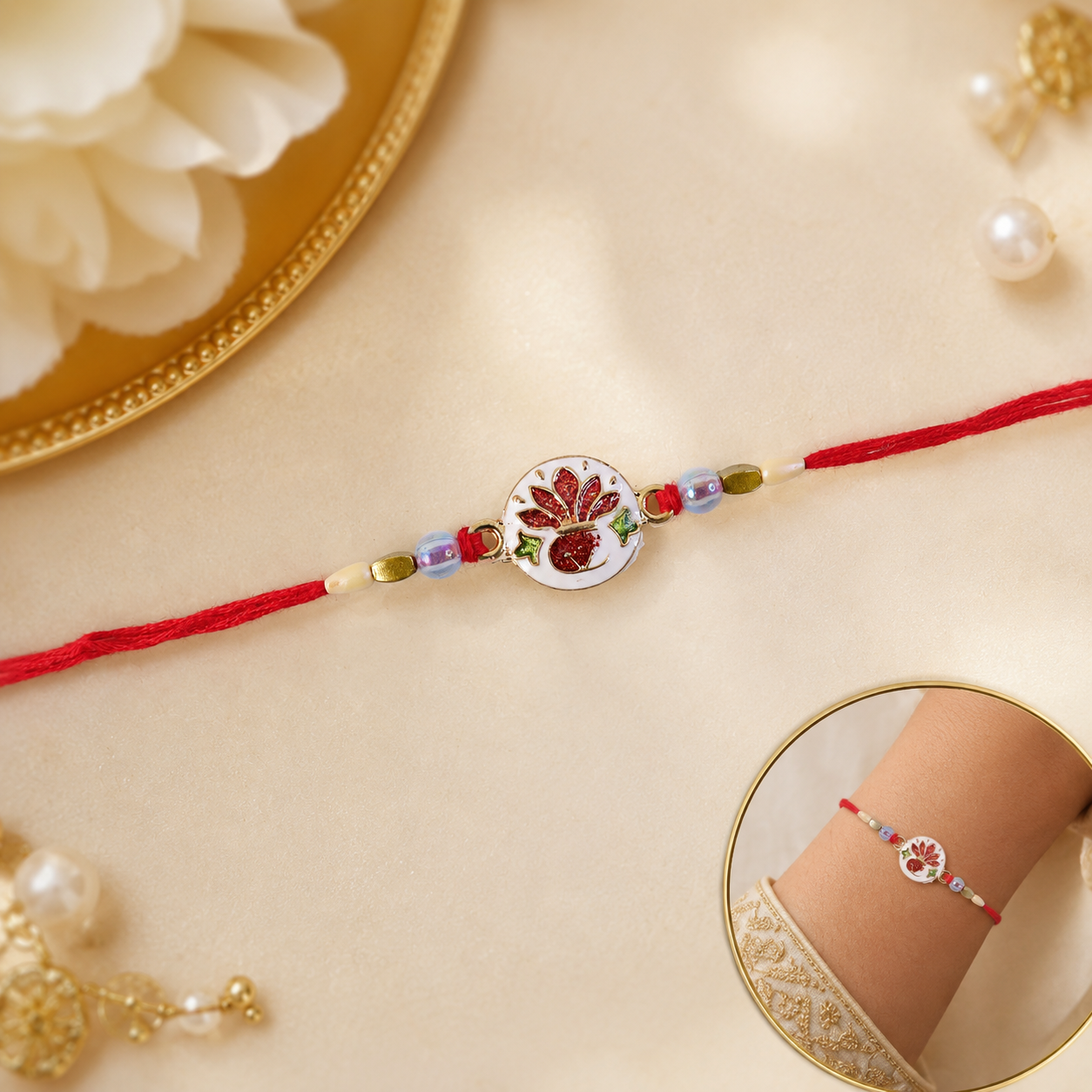 Hand painted ceramic floral rakhi with decorative beads, perfect for Raksha Bandhan celebrations.