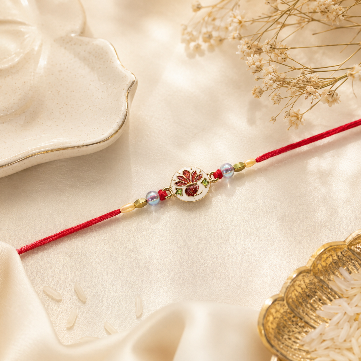 Close-up of the detailed ceramic floral design on the festive rakhi.