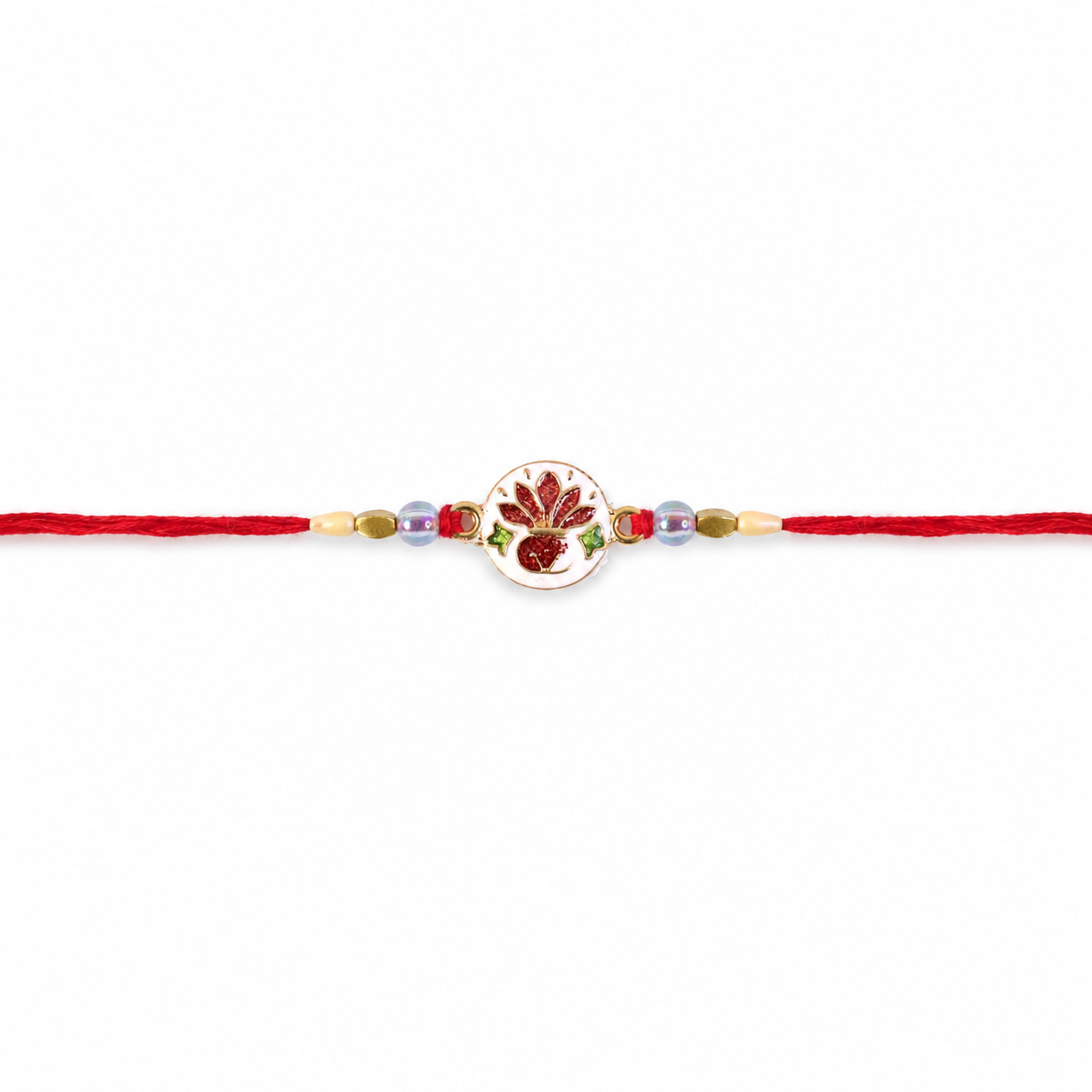 Colorful decorative beads on a ceramic floral rakhi, ideal for siblings.