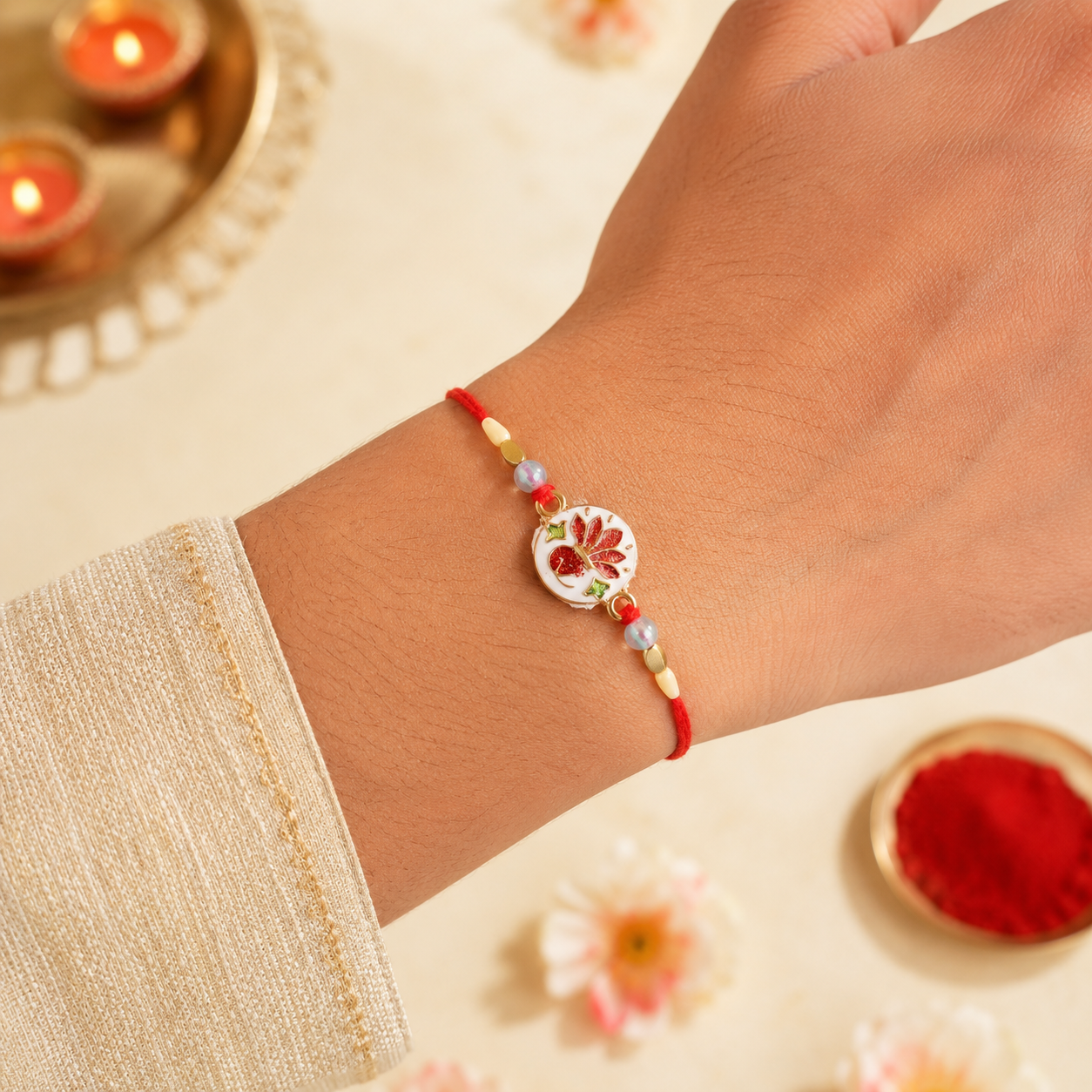 Beautifully crafted hand-painted floral ceramic rakhi with a vibrant design.