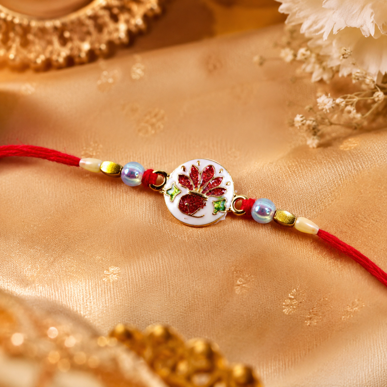 Premium traditional ceramic floral rakhi with decorative beads for Raksha Bandhan.