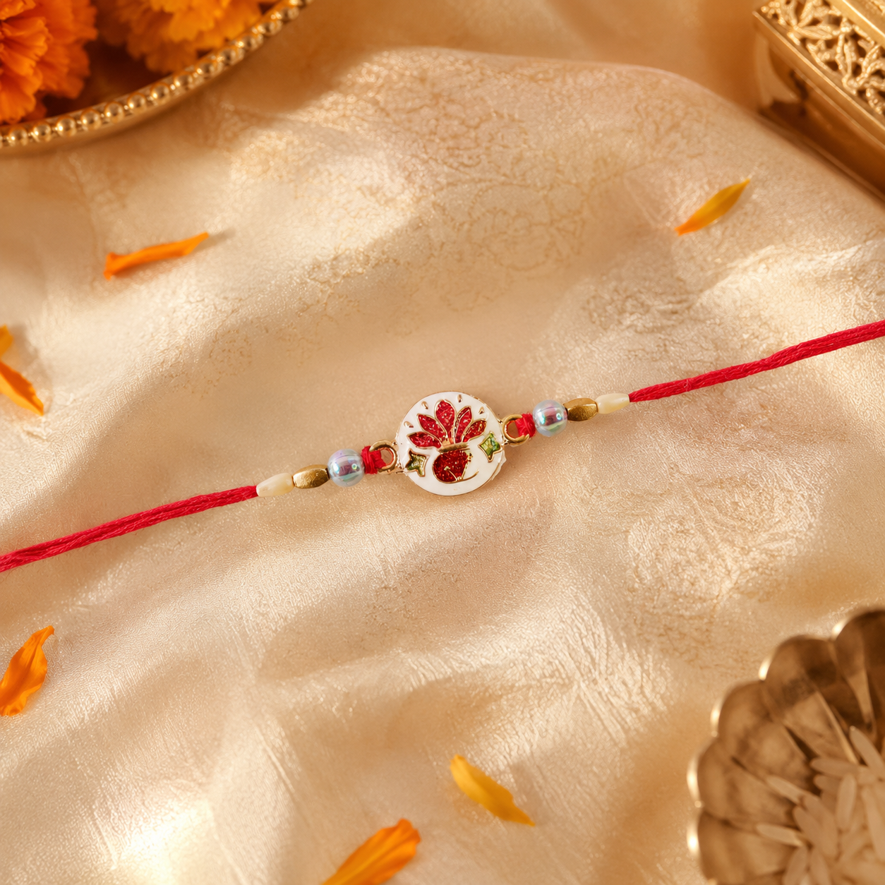 Elegant designer ceramic floral rakhi with intricate details and beads.