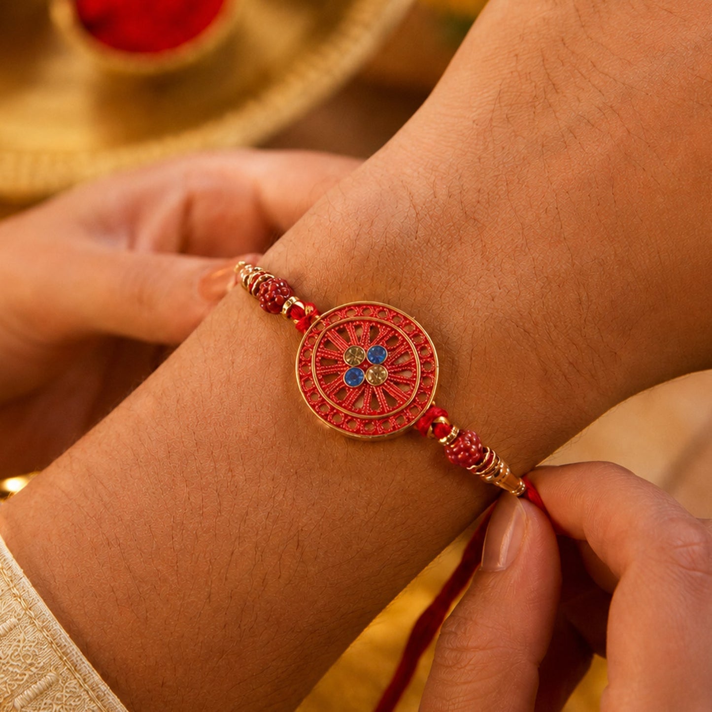 Stylish festivity-enhancing Rakhi with intricate detailing and lightweight thread