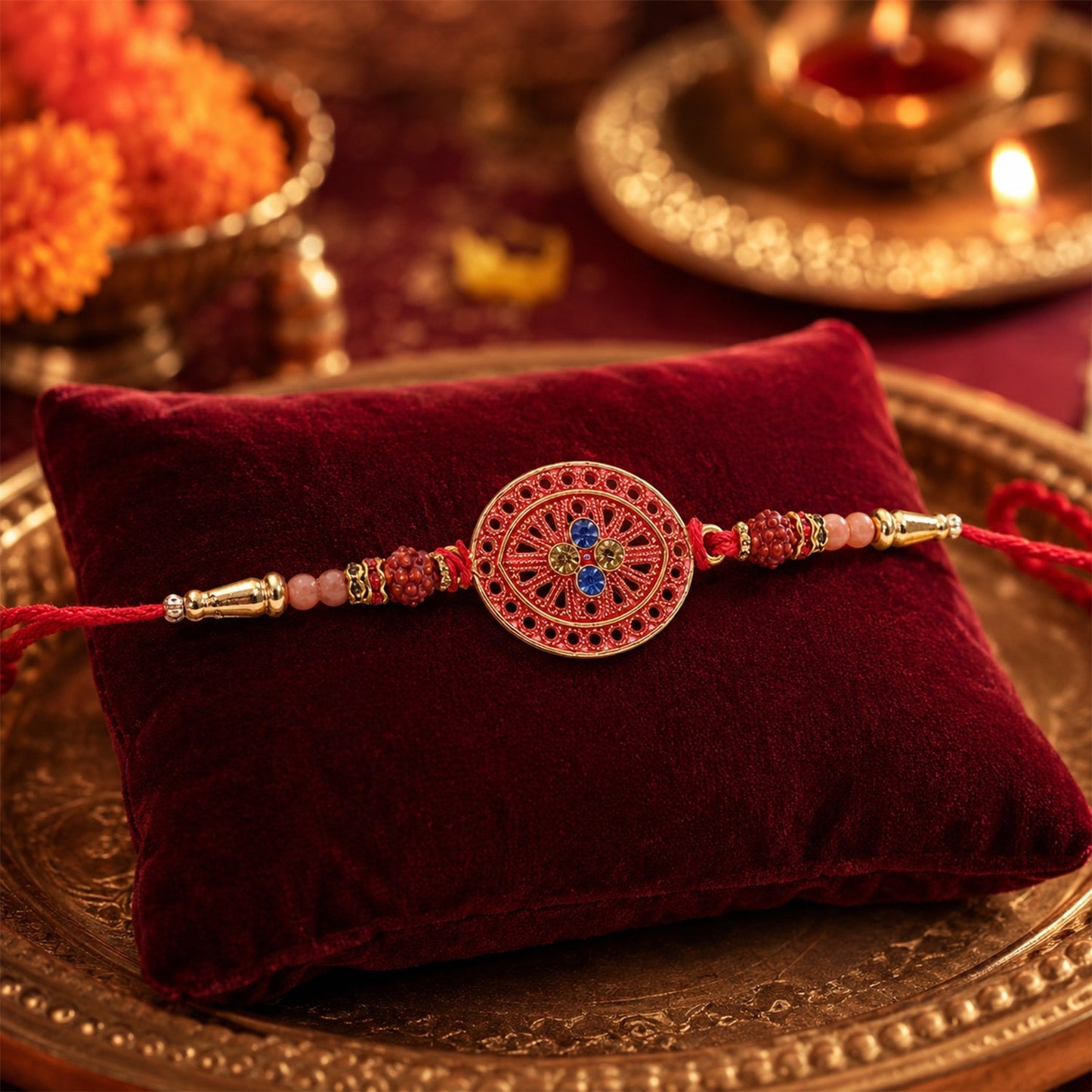 Elegant handmade Rakhi with attractive center design and beaded embellishments