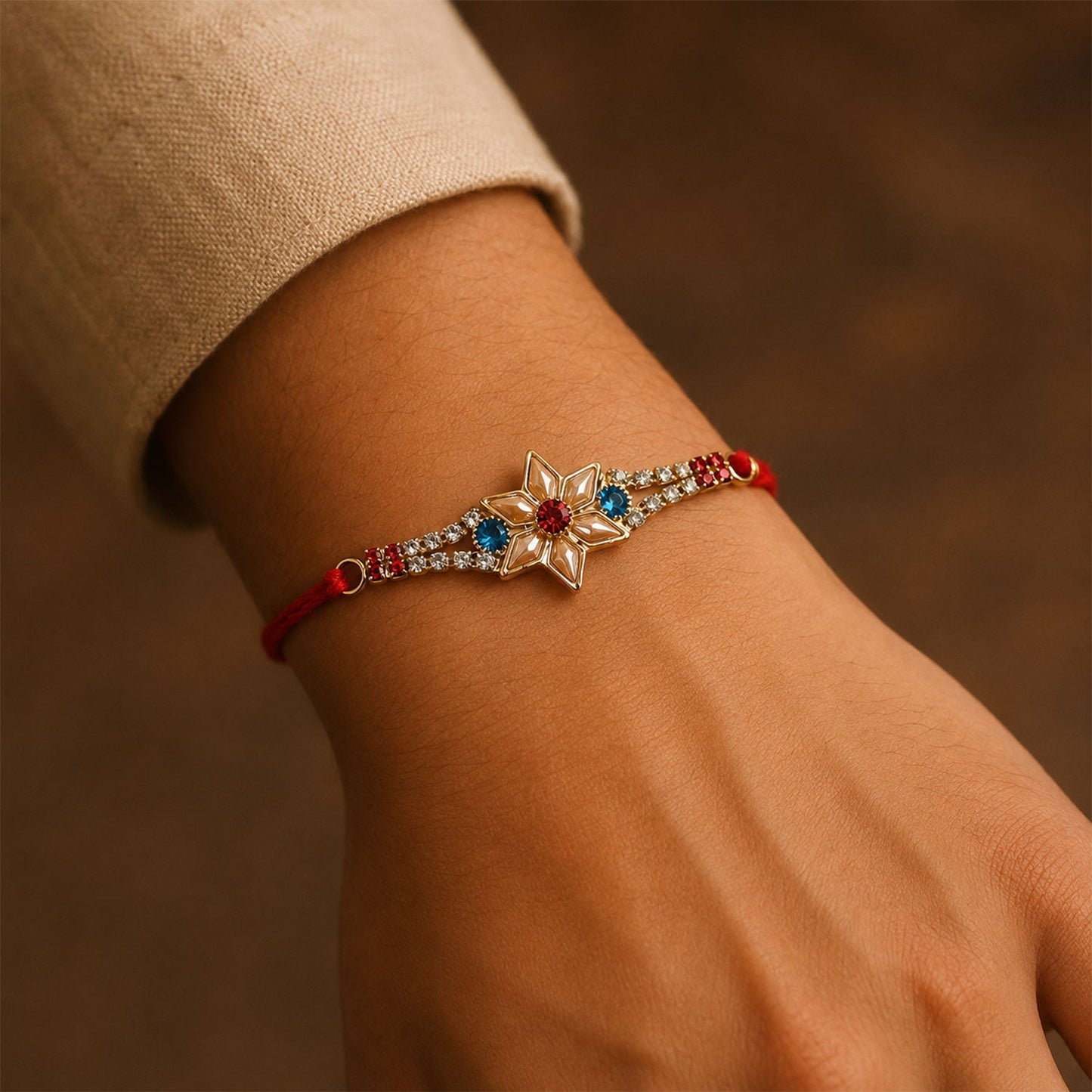 Stylish handcrafted rakhi with kundan stones and pearls for Raksha Bandhan