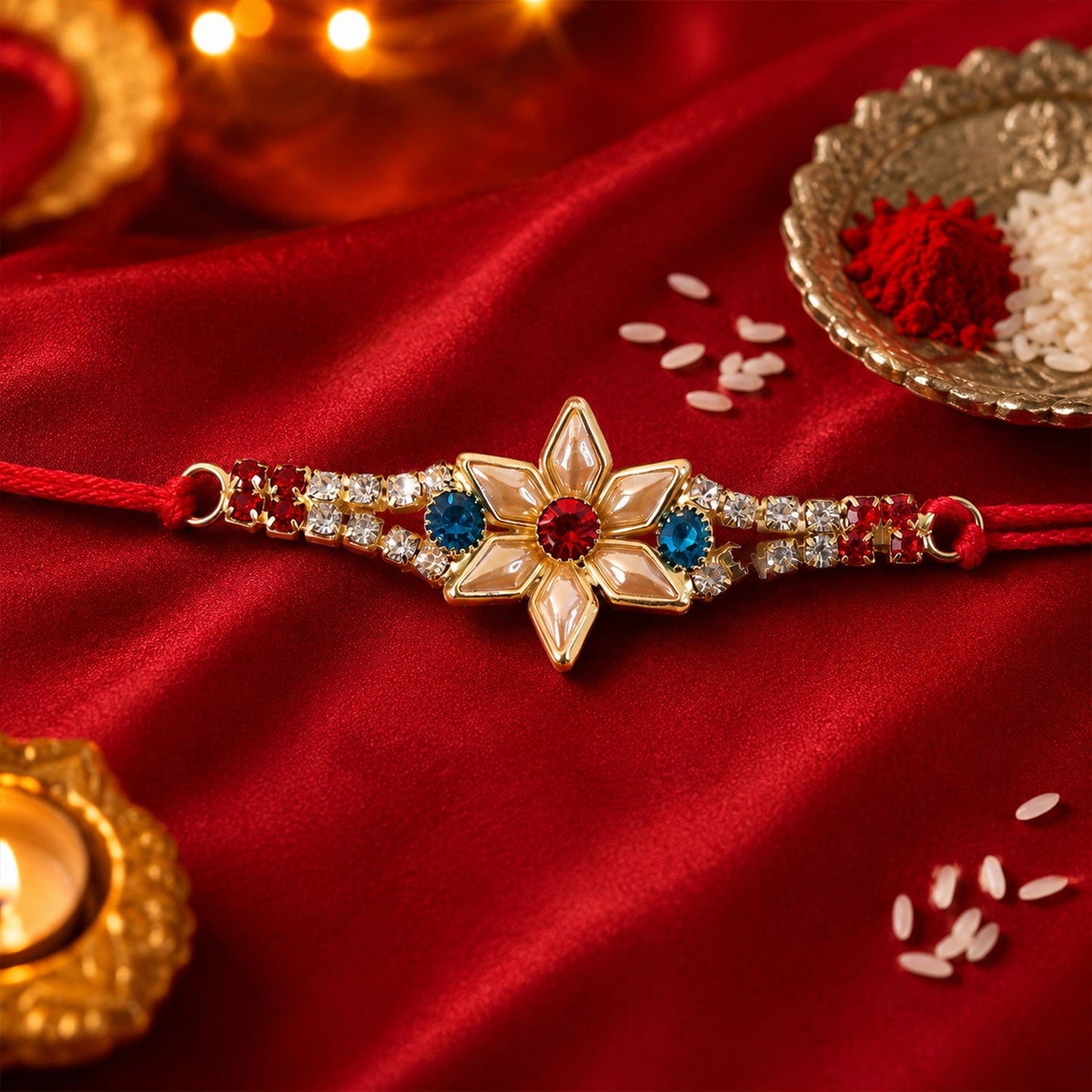 Elegant traditional rakhi with beads and kundan accents for brothers