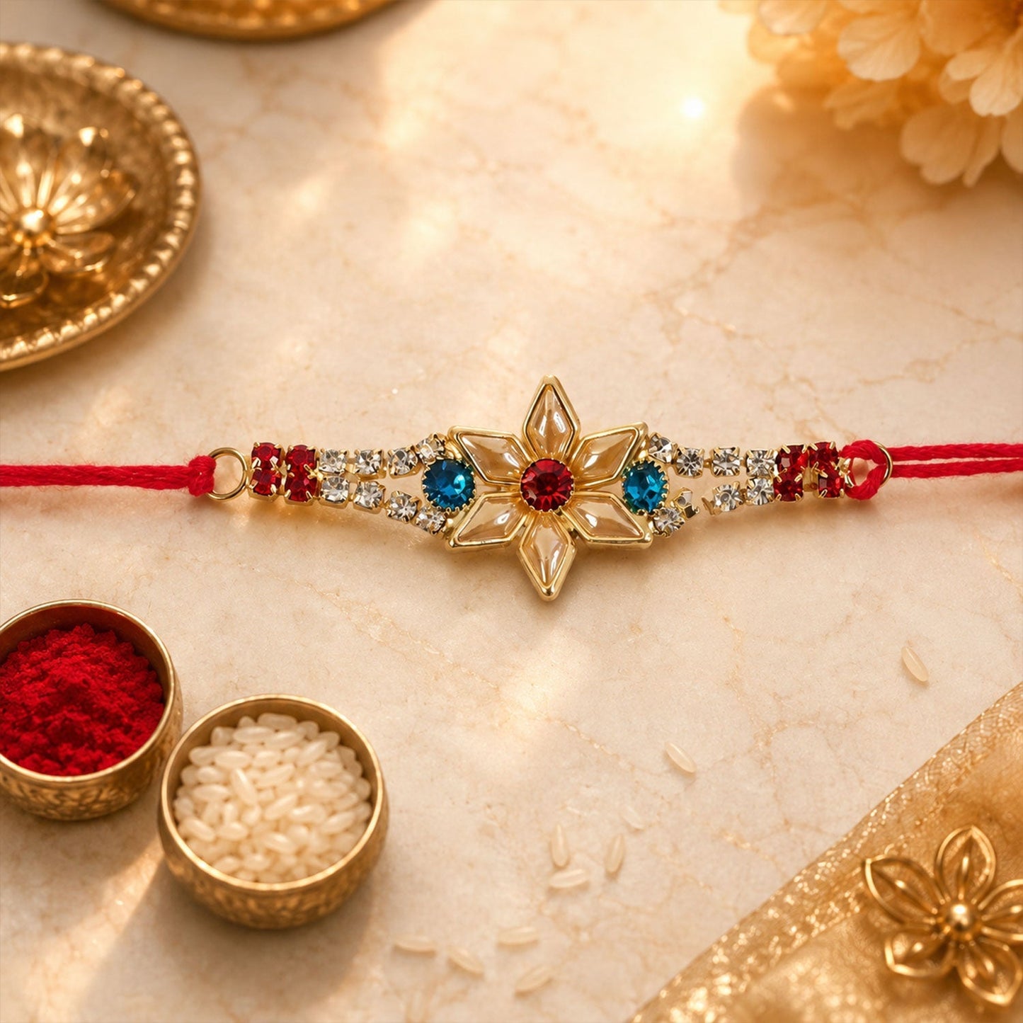 Close-up of decorative festive rakhi with pearls and kundan for Raksha Bandhan