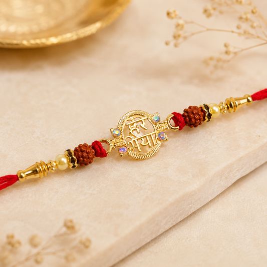 Beautiful Rudraksha Rakhi with golden Shiv Mantra centerpiece, ideal for Raksha Bandhan commemorations.