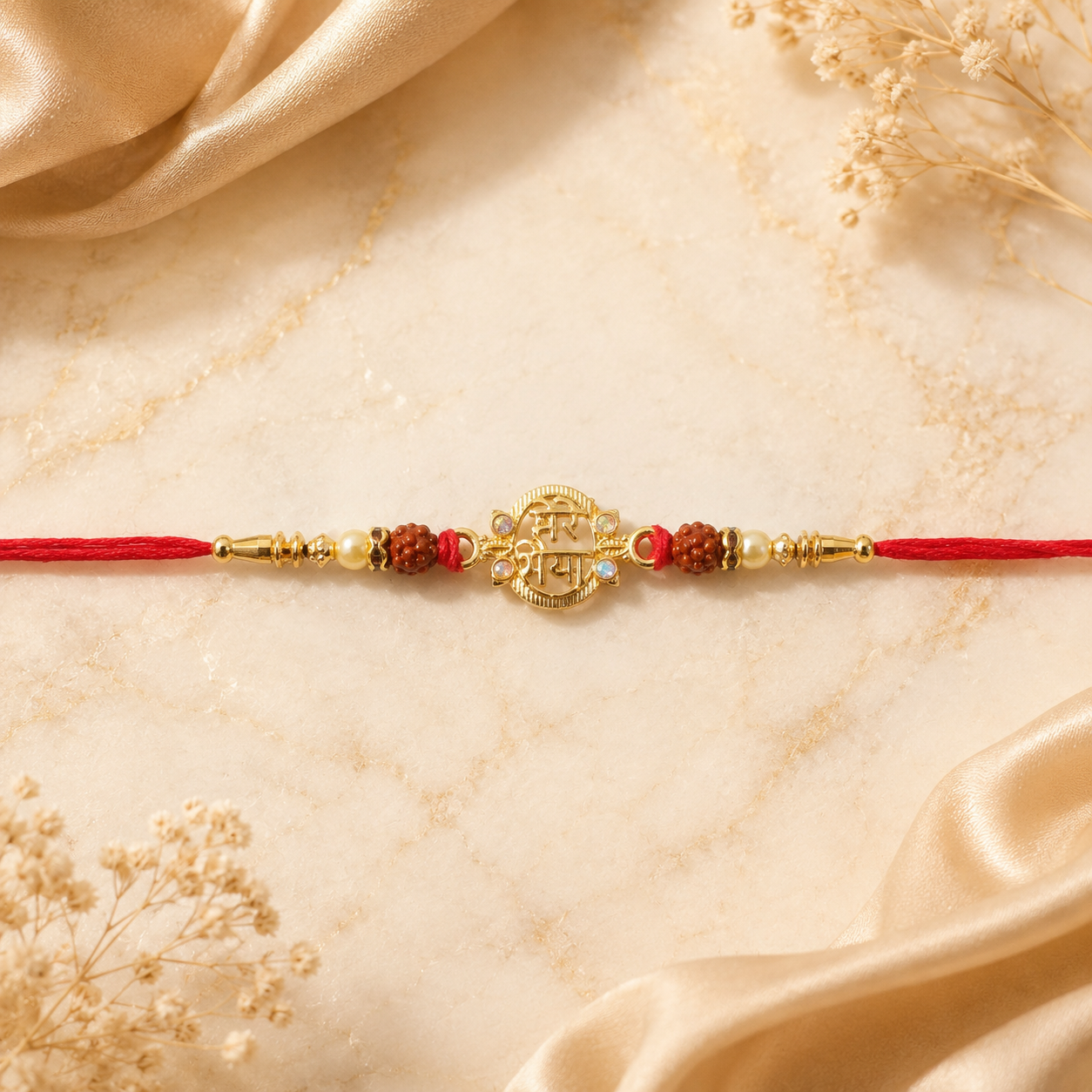 Close-up of Rudraksha beads and Shiv Mantra design on the festive Rakhi.