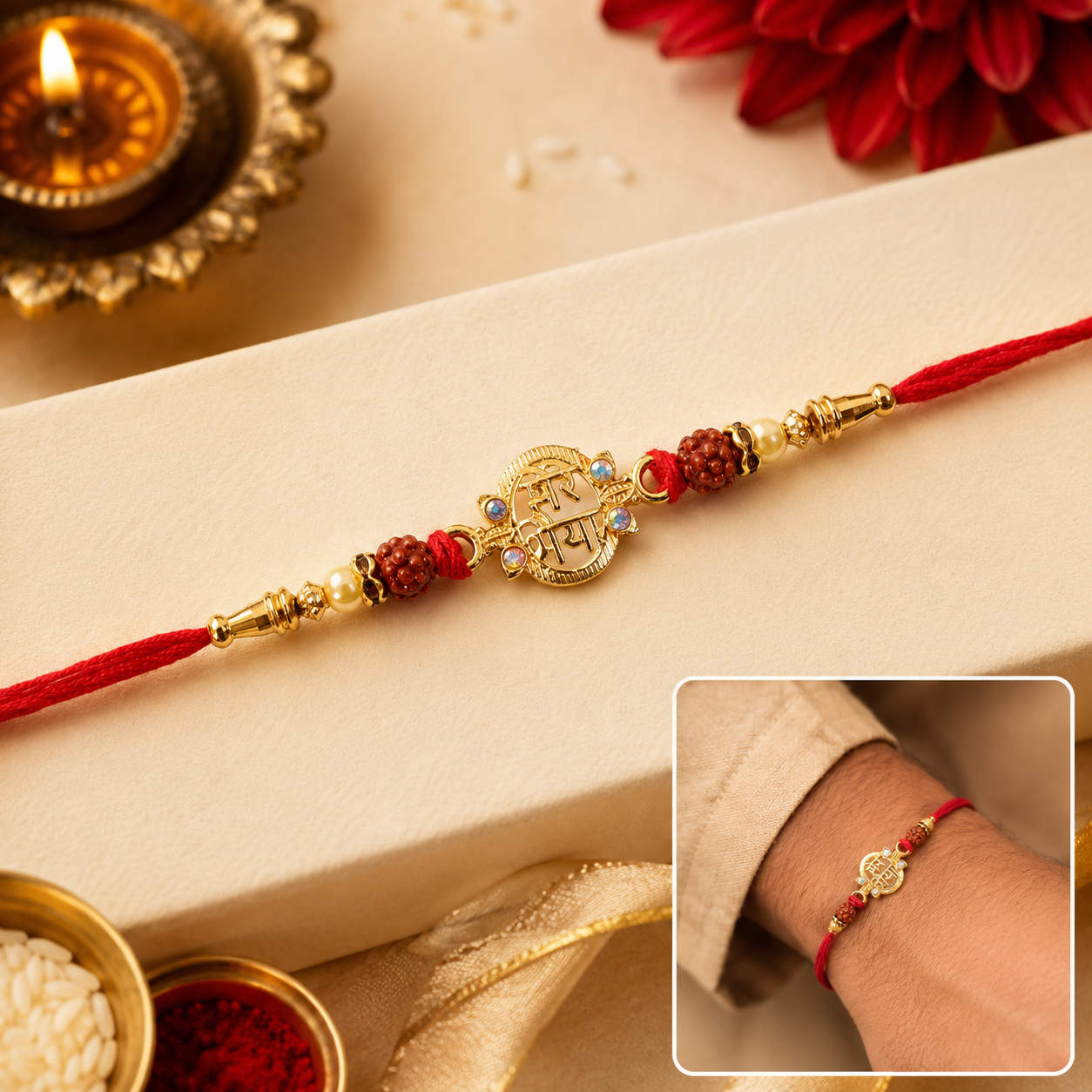 Side view of the handcrafted Rudraksha Rakhi showing its thread design.