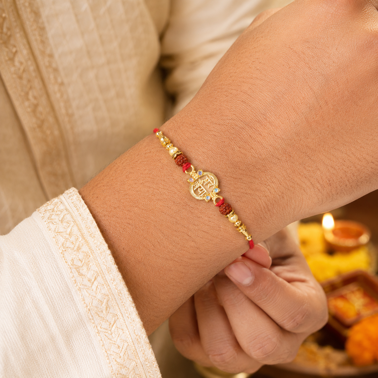 Stylish Rudraksha Rakhi displayed for brother's gift.