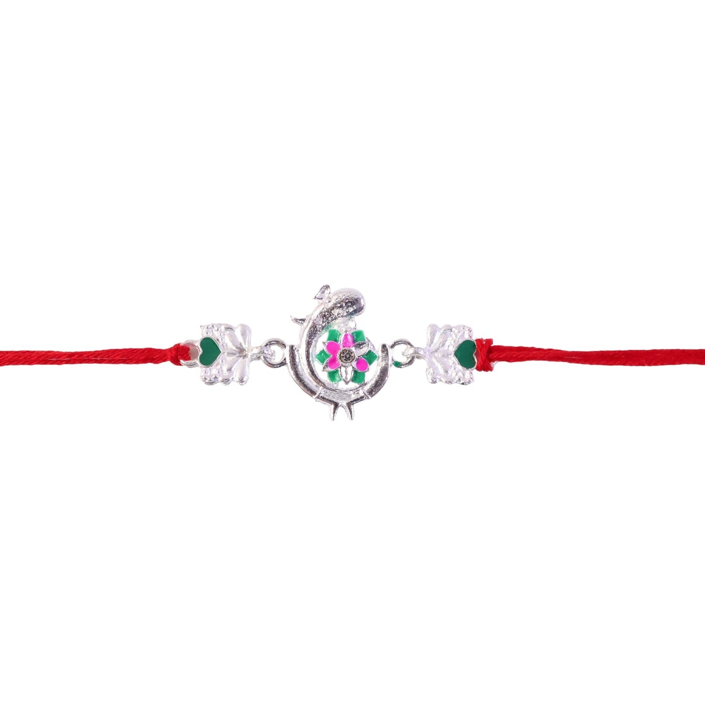 Elegant rakhi with peacock motif, meenakari work, and beaded embellishments