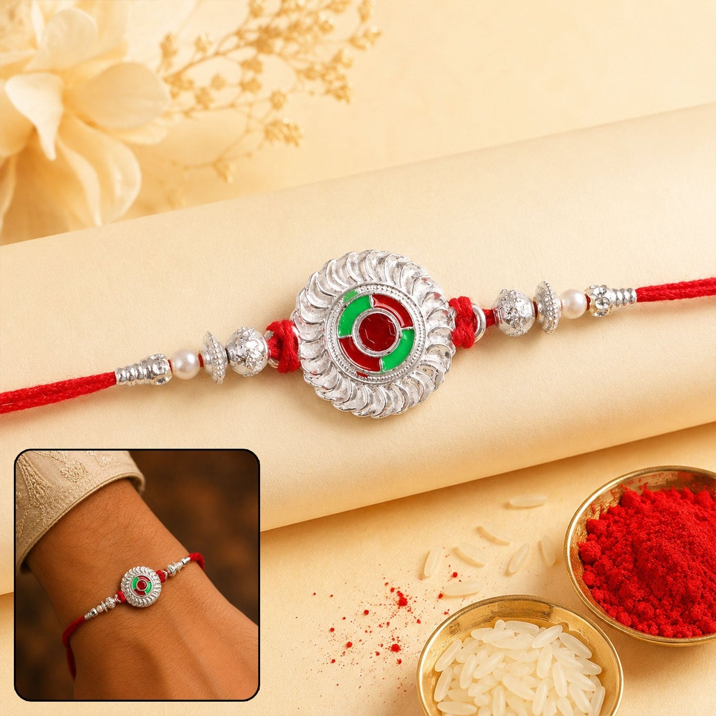 Silver round meenakari pearl Rakhi with intricate detailing for Raksha Bandhan