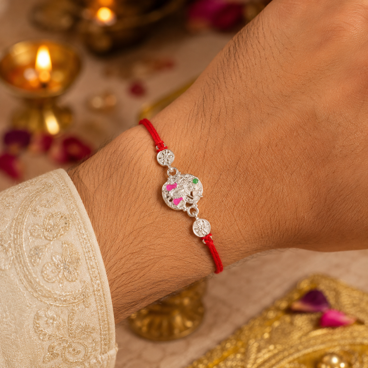 Handcrafted silver meenakari floral rakhi with intricate detailing