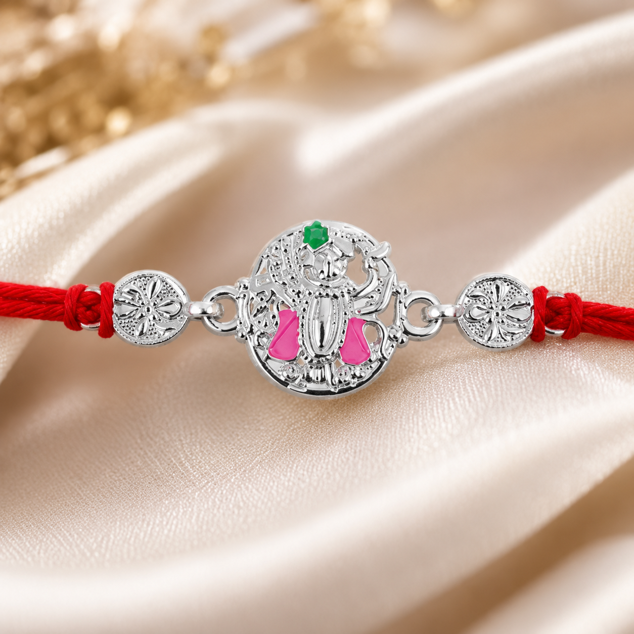 Beautiful Silver Floral Meenakari Rakhi with decorative beads for Raksha Bandhan