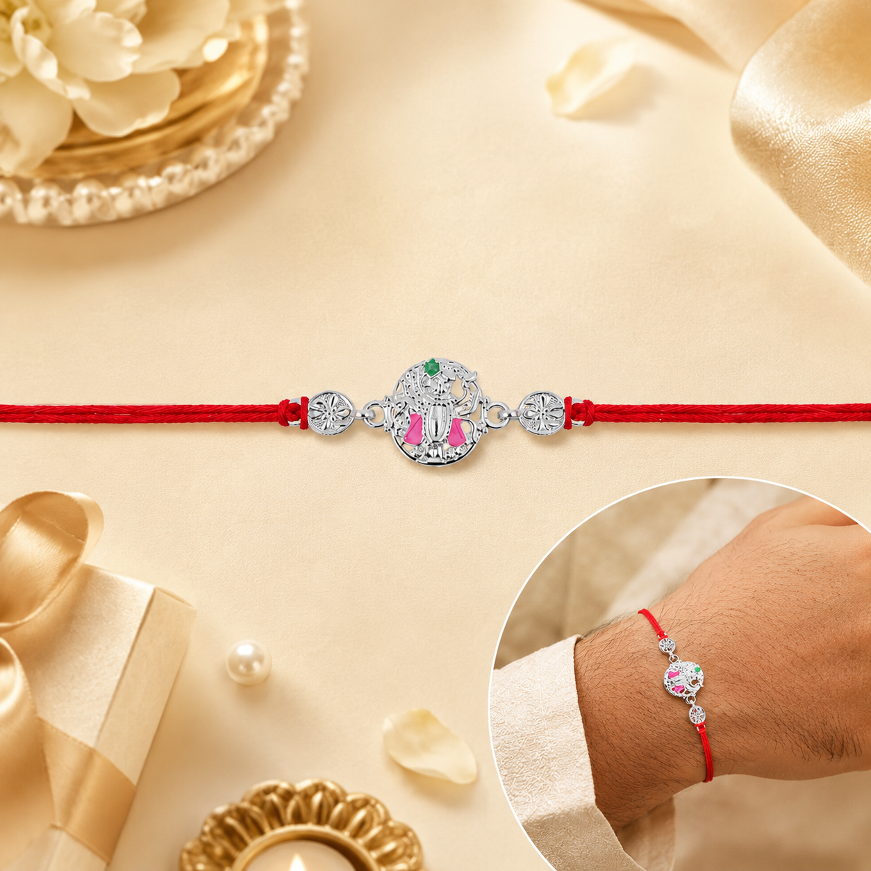 Elegant floral meenakari design on a lightweight thread rakhi for brother and sister