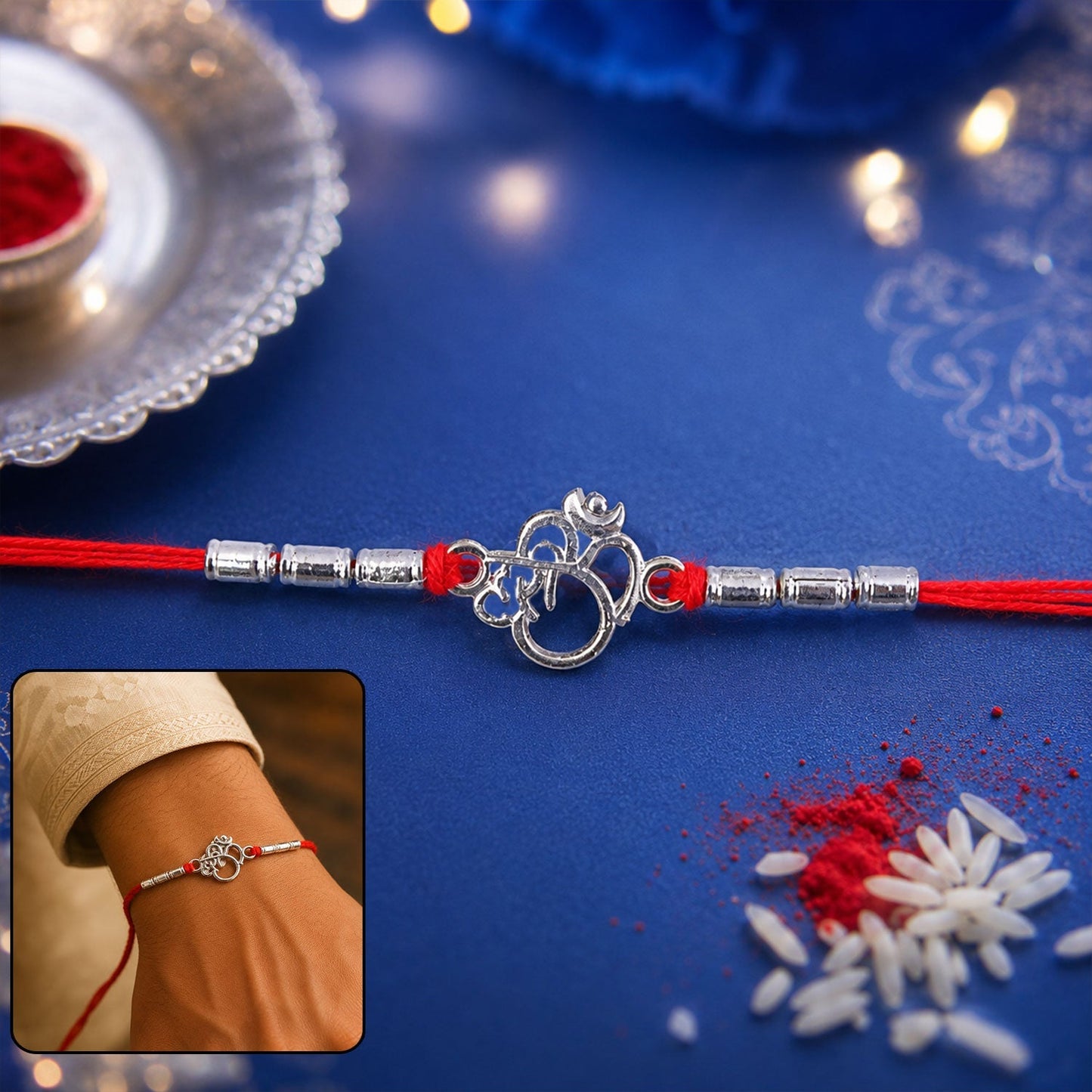 Decorative textured bead Rakhi with stylish centerpiece, perfect for Raksha Bandhan celebrations.