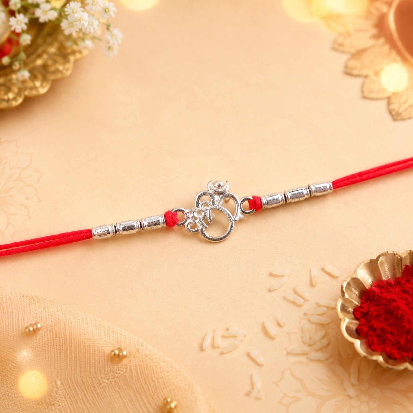 Traditional Rakhi with attractive textured beads and lightweight thread for comfort.