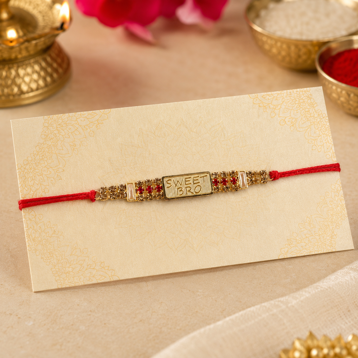 Close-up of 'Sweet Bro' engraved Rakhi with decorative stones