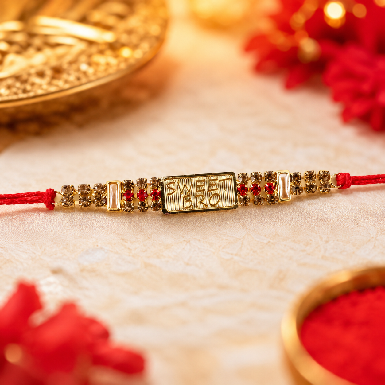 Angled view of 'Sweet Bro' Rakhi highlighting sparkle of stones