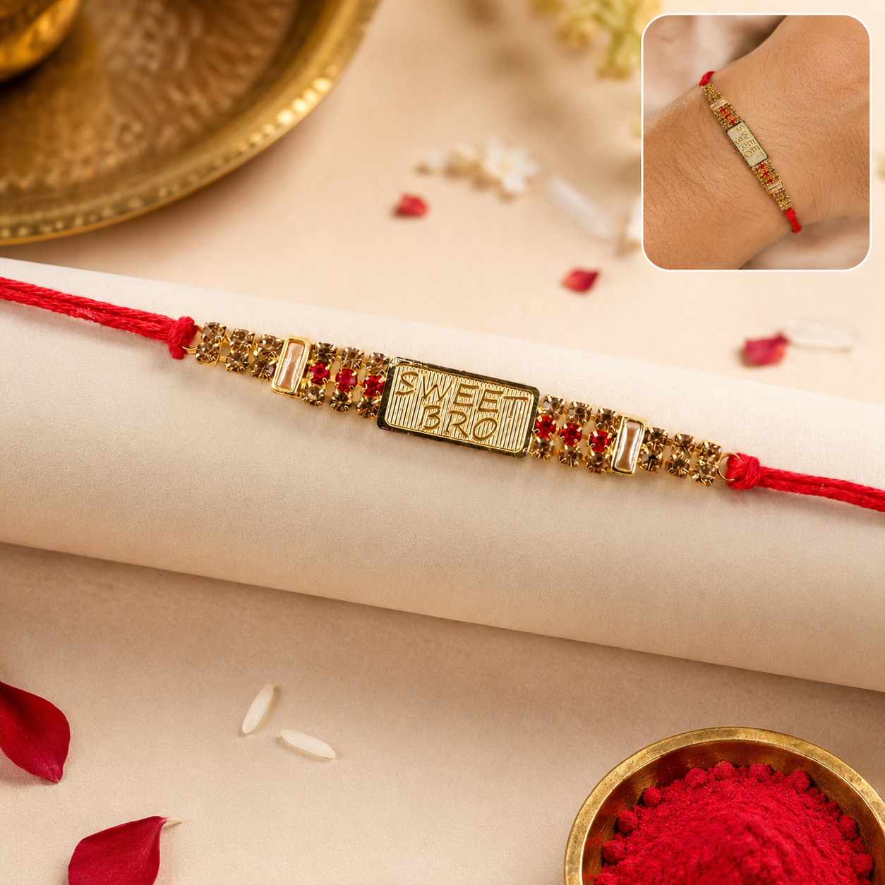 Close-up of Rakhi's thread and decorative elements