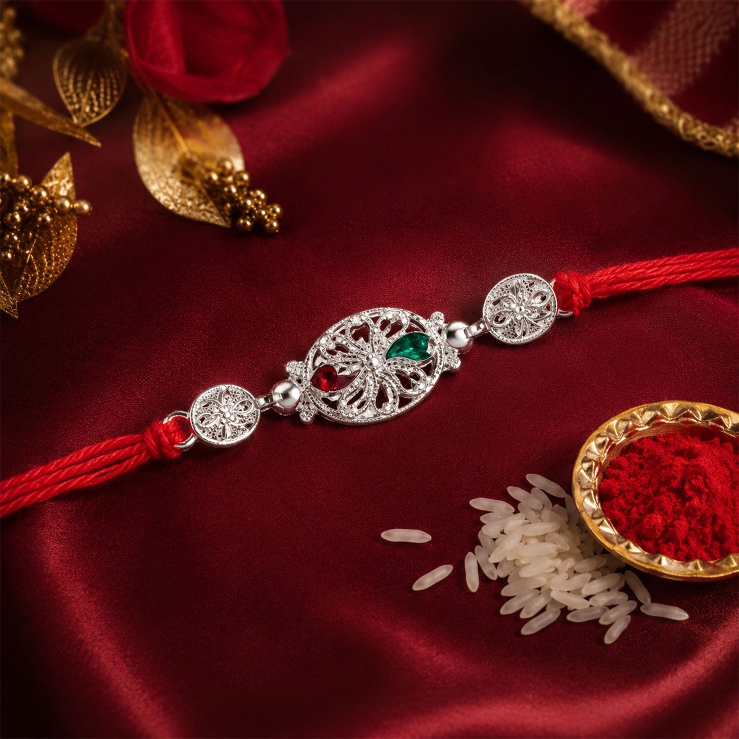 Angled view of the elegant Silver Filigree Rakhi design