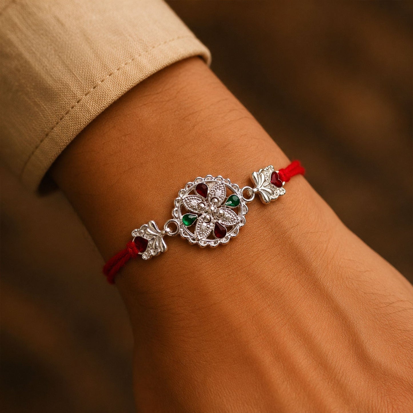 Beautiful floral design silver Rakhi with decorative accents