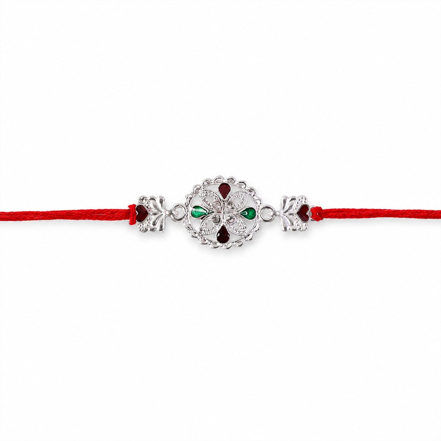 Decorative Silver Floral Rakhi with beads for siblings
