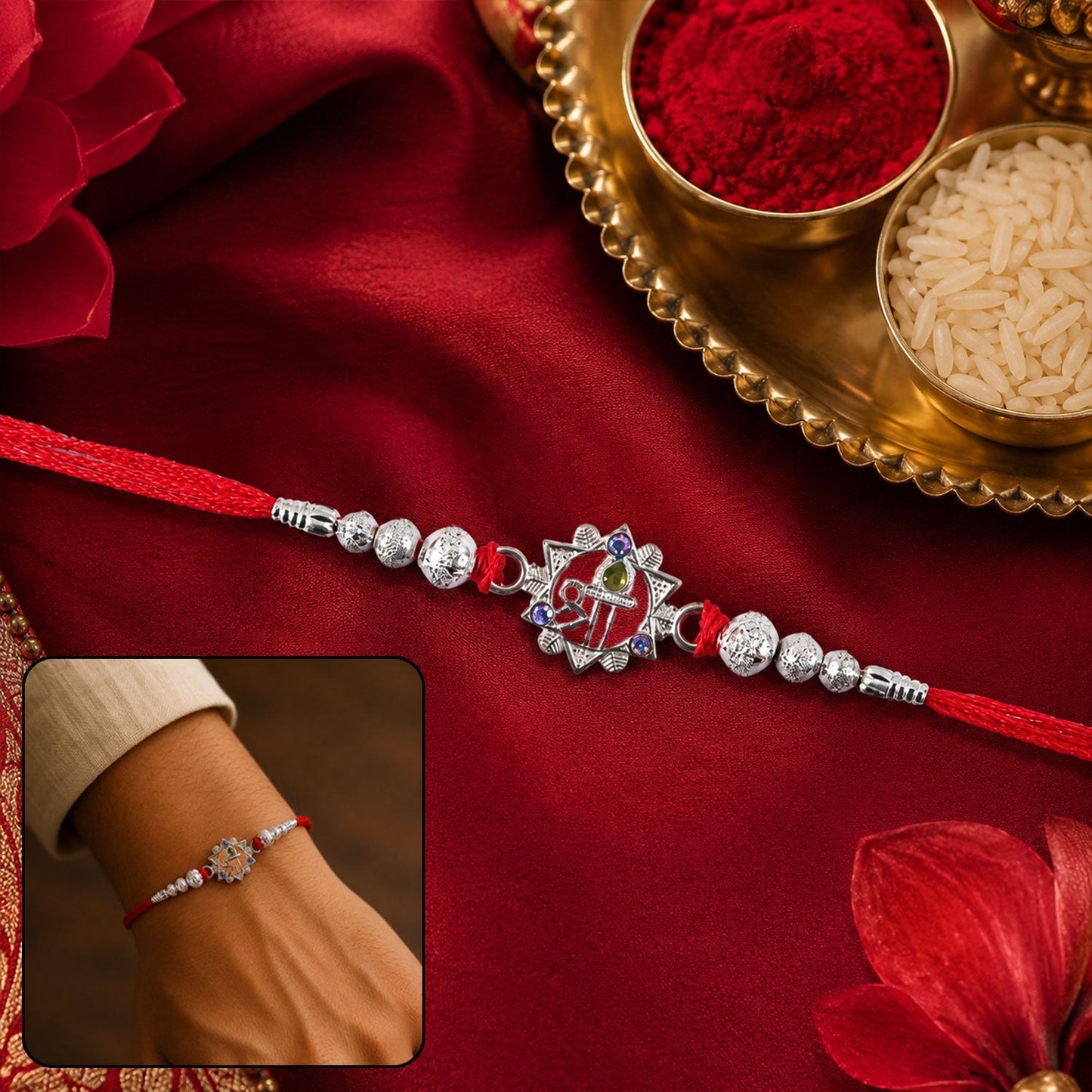 Silver Swastik Rakhi with decorative beads and traditional design