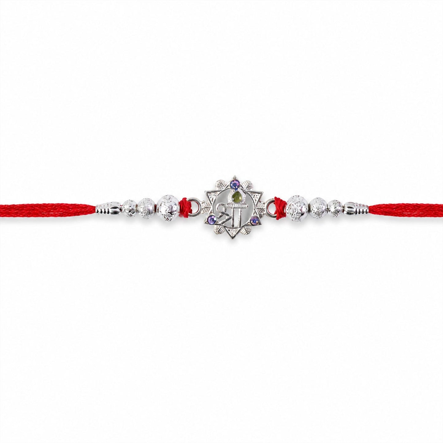 Designer Silver Swastik Rakhi on a white background