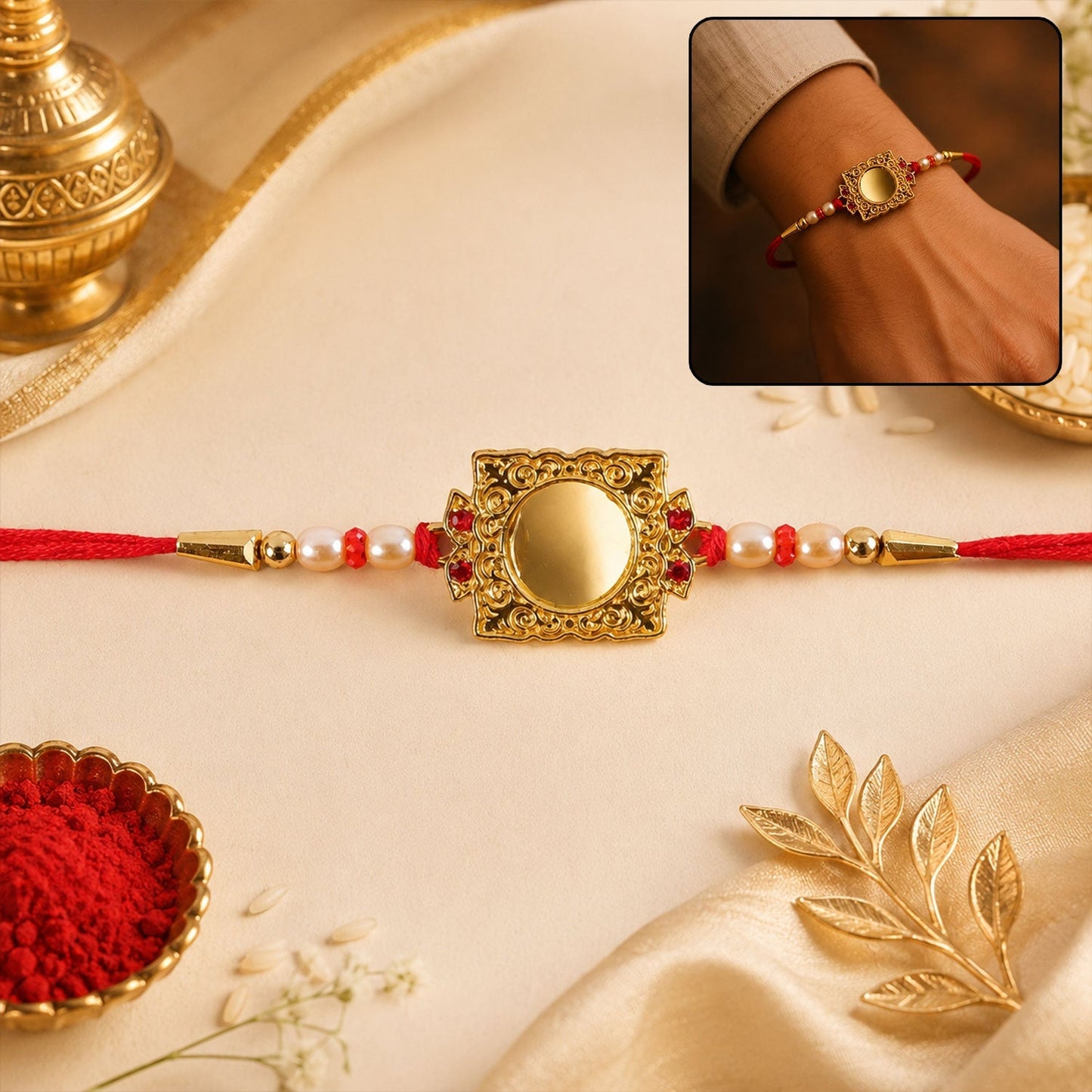Decorative Golden Pearls Rakhi with stylish square frame and beads