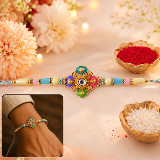 Colorful meenakari floral Rakhi with pastel beads for Rakshabandhan