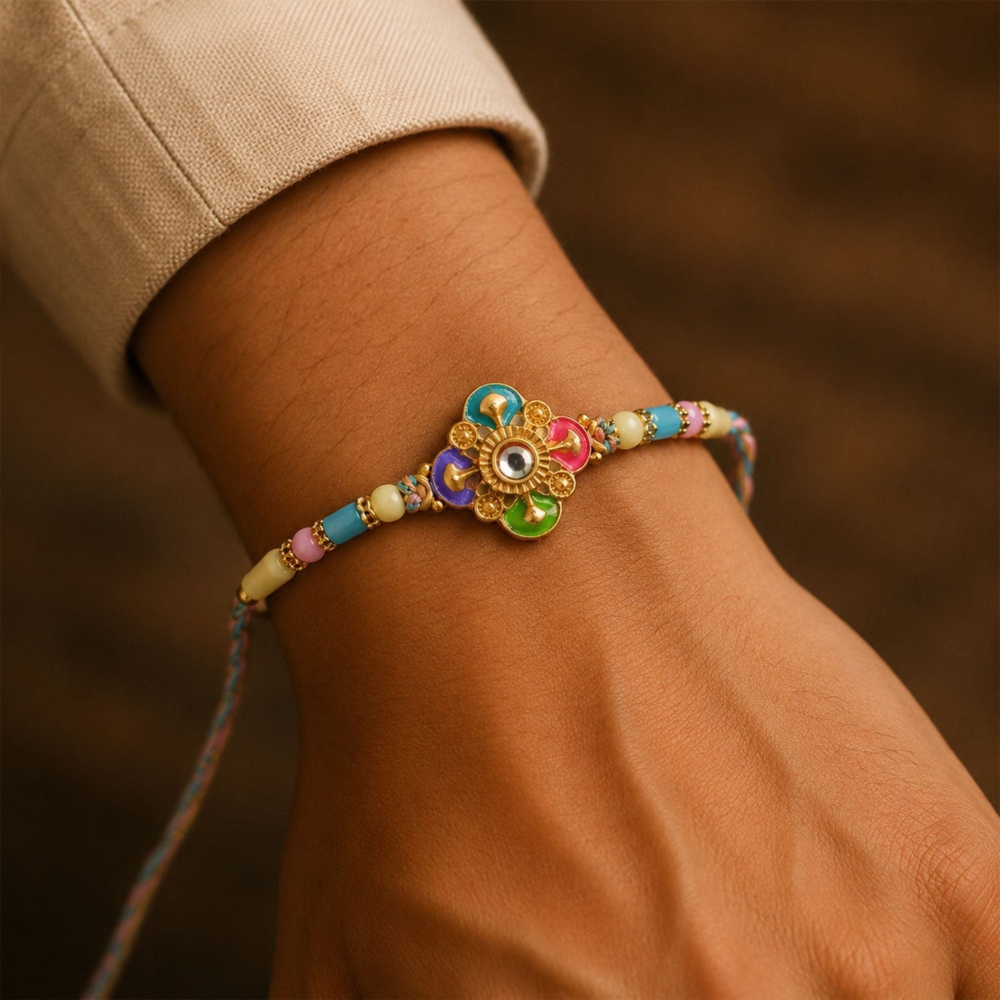 Beautiful traditional floral Rakhi with colorful meenakari work