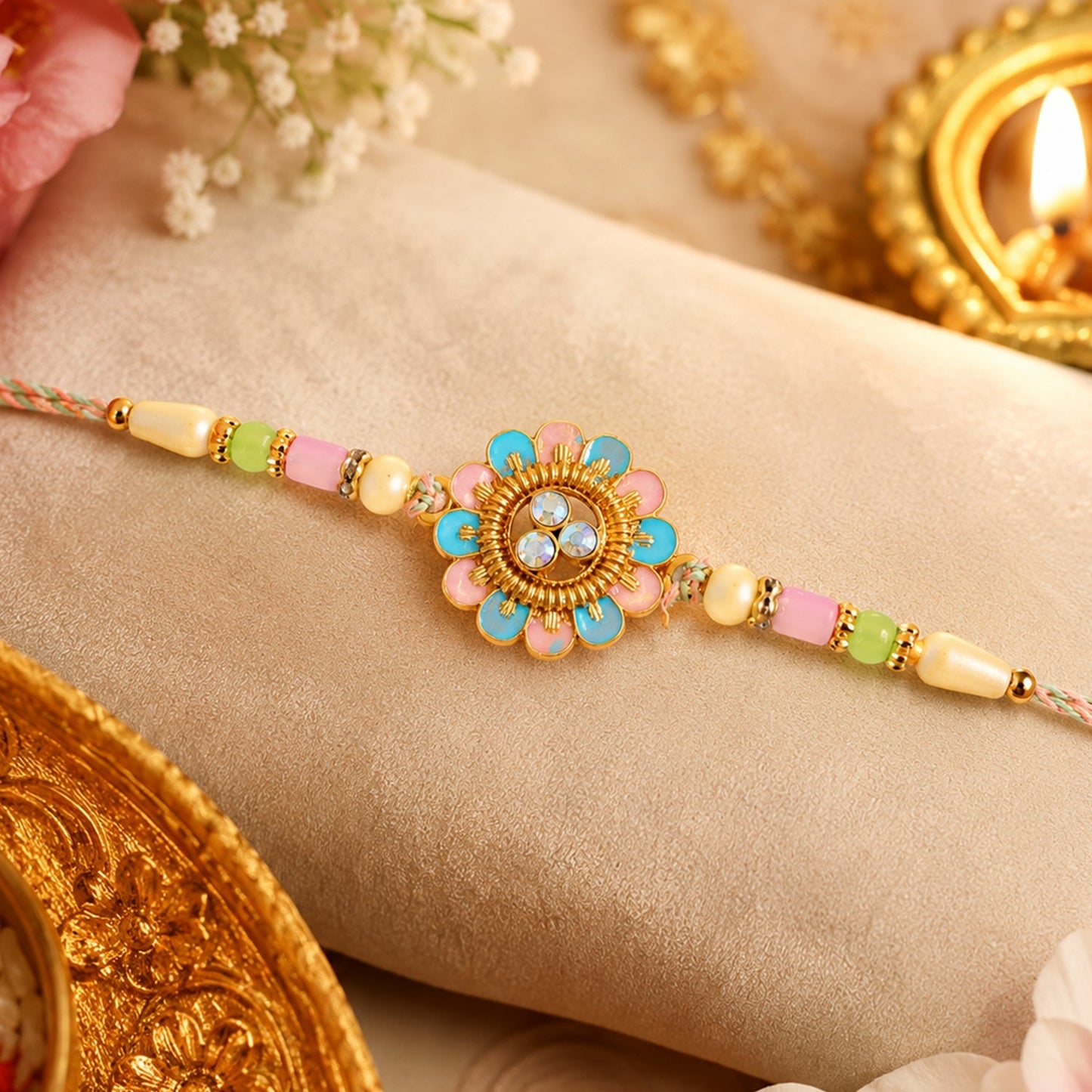Colorful floral design Rakhi with metallic accents for brothers