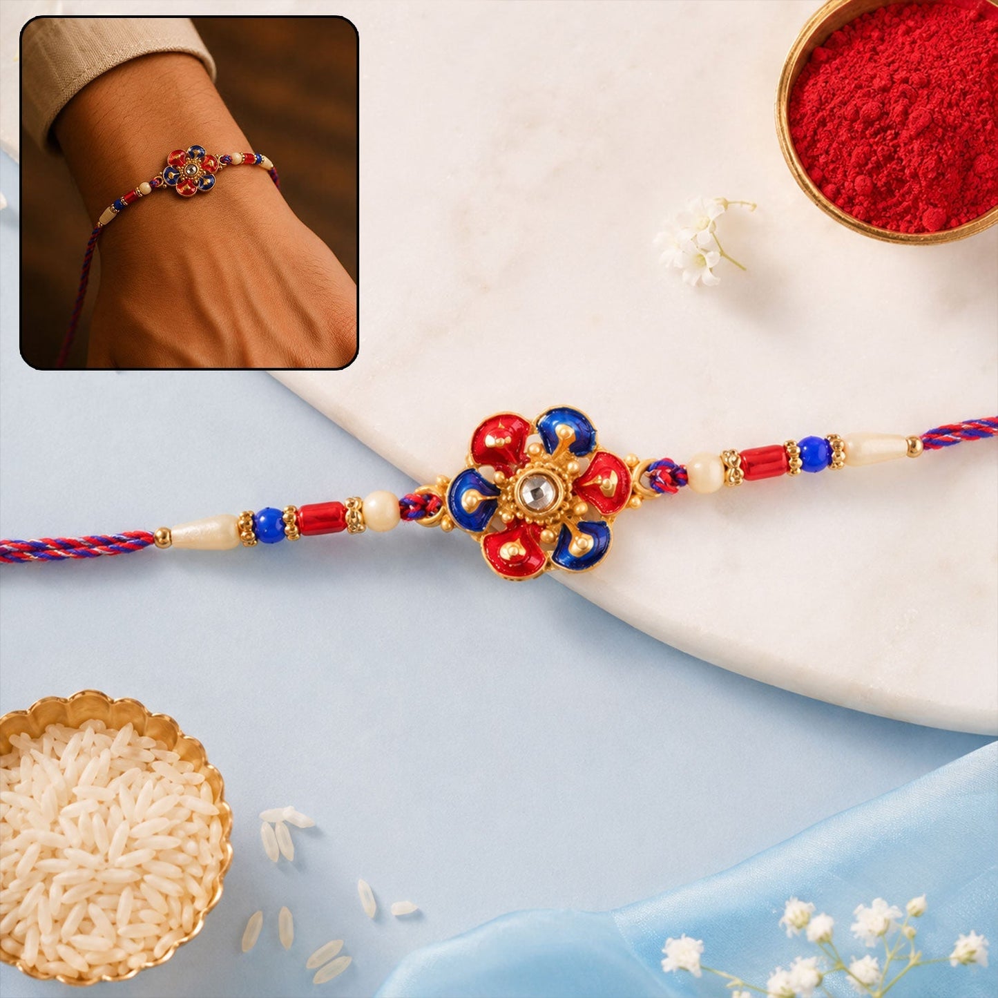 Beautiful meenakari flower Rakhi with pearl beads for Raksha Bandhan