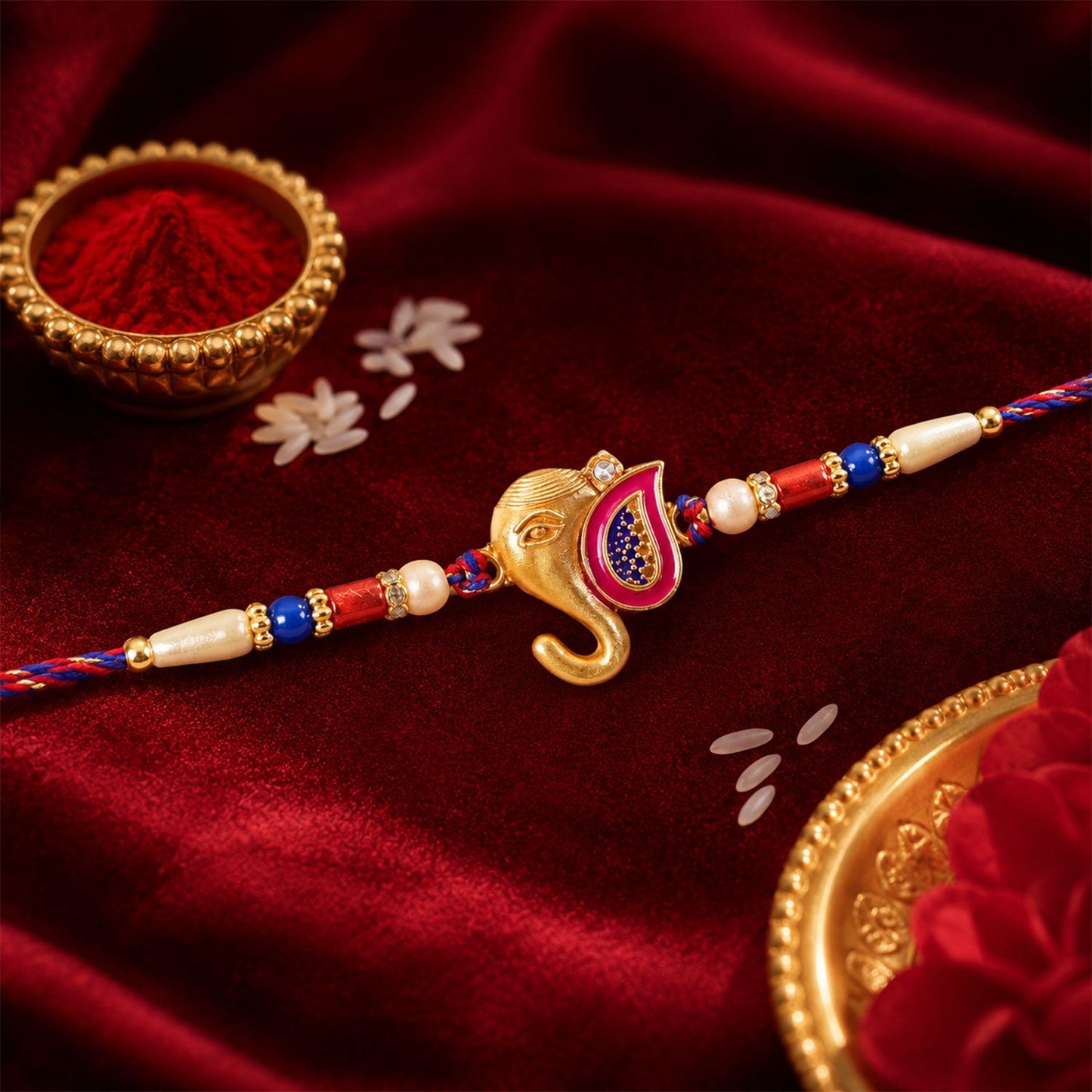 Stylish gold-plated Lord Ganesha Rakhi with beads for brothers