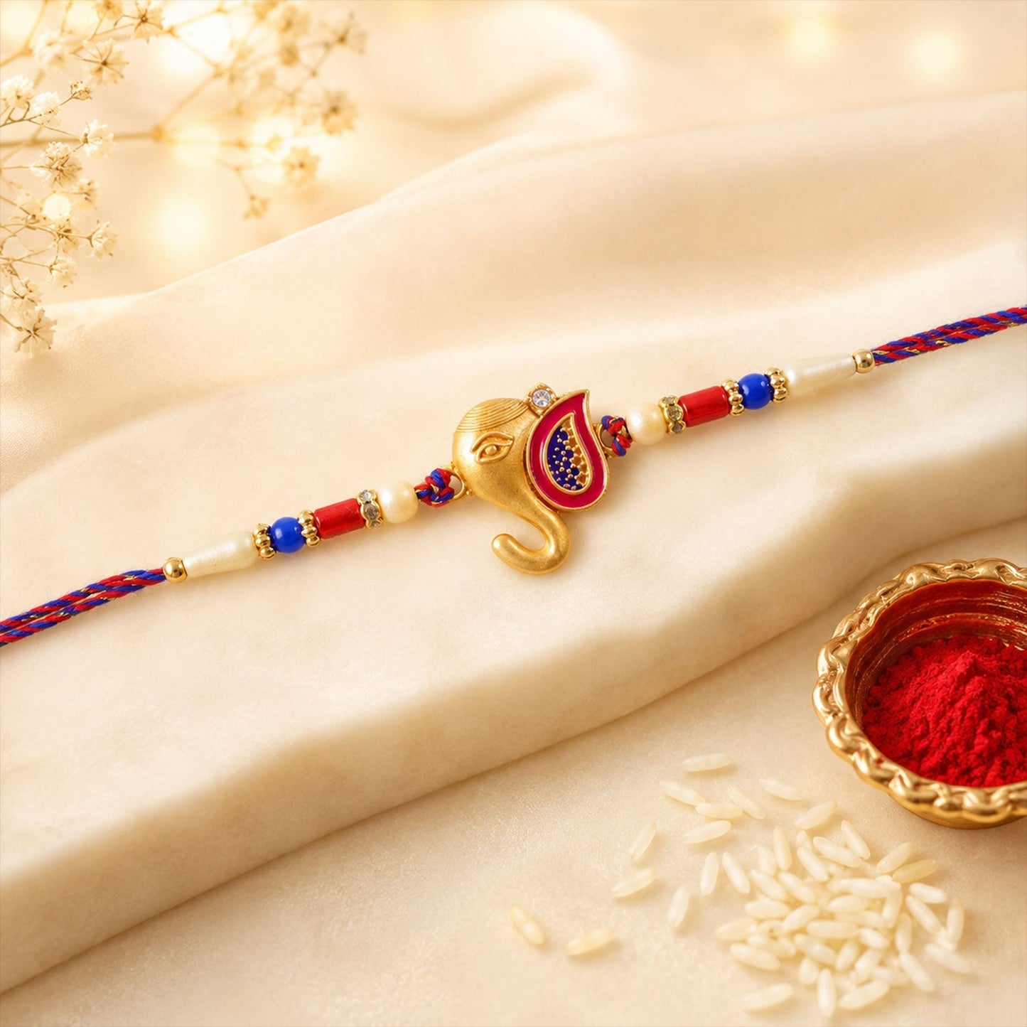 Elegant designer Rakhi with beads and gold tone finish for festival gifting