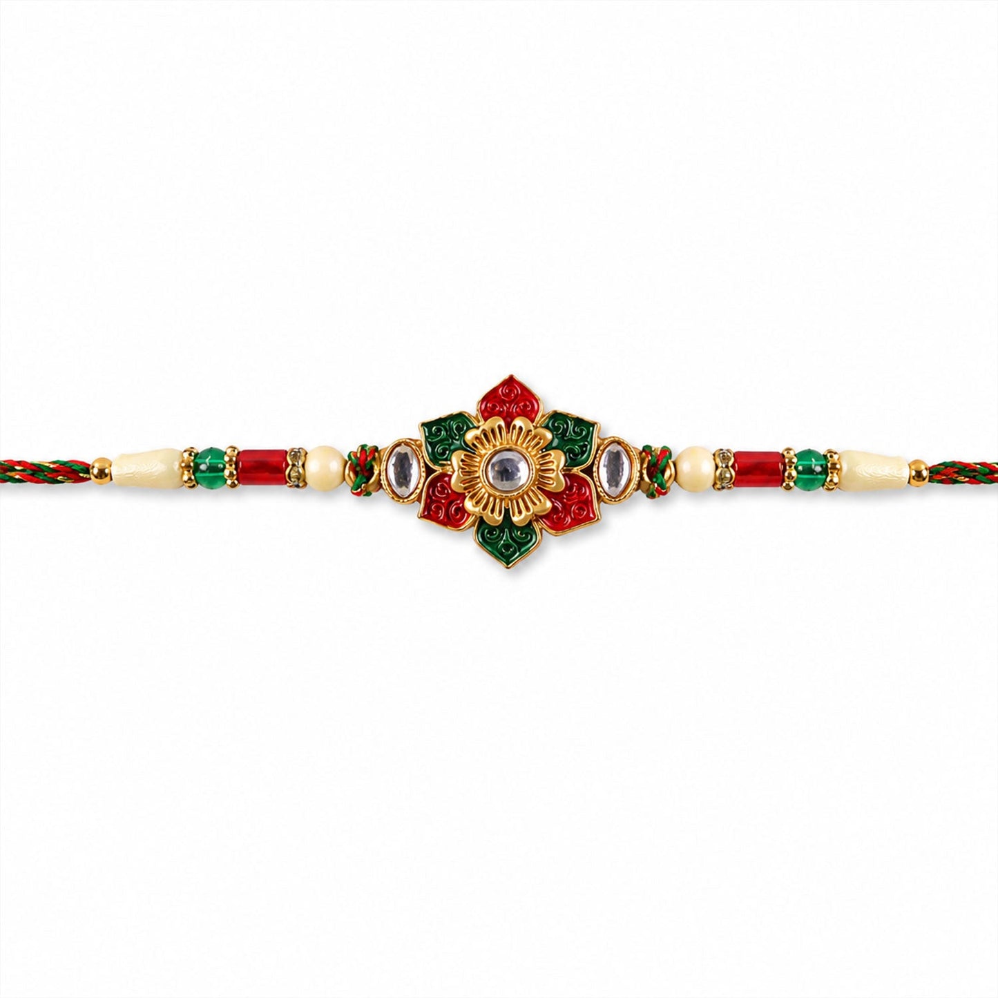 Colorful Rakhi featuring red and green meenakari craftsmanship