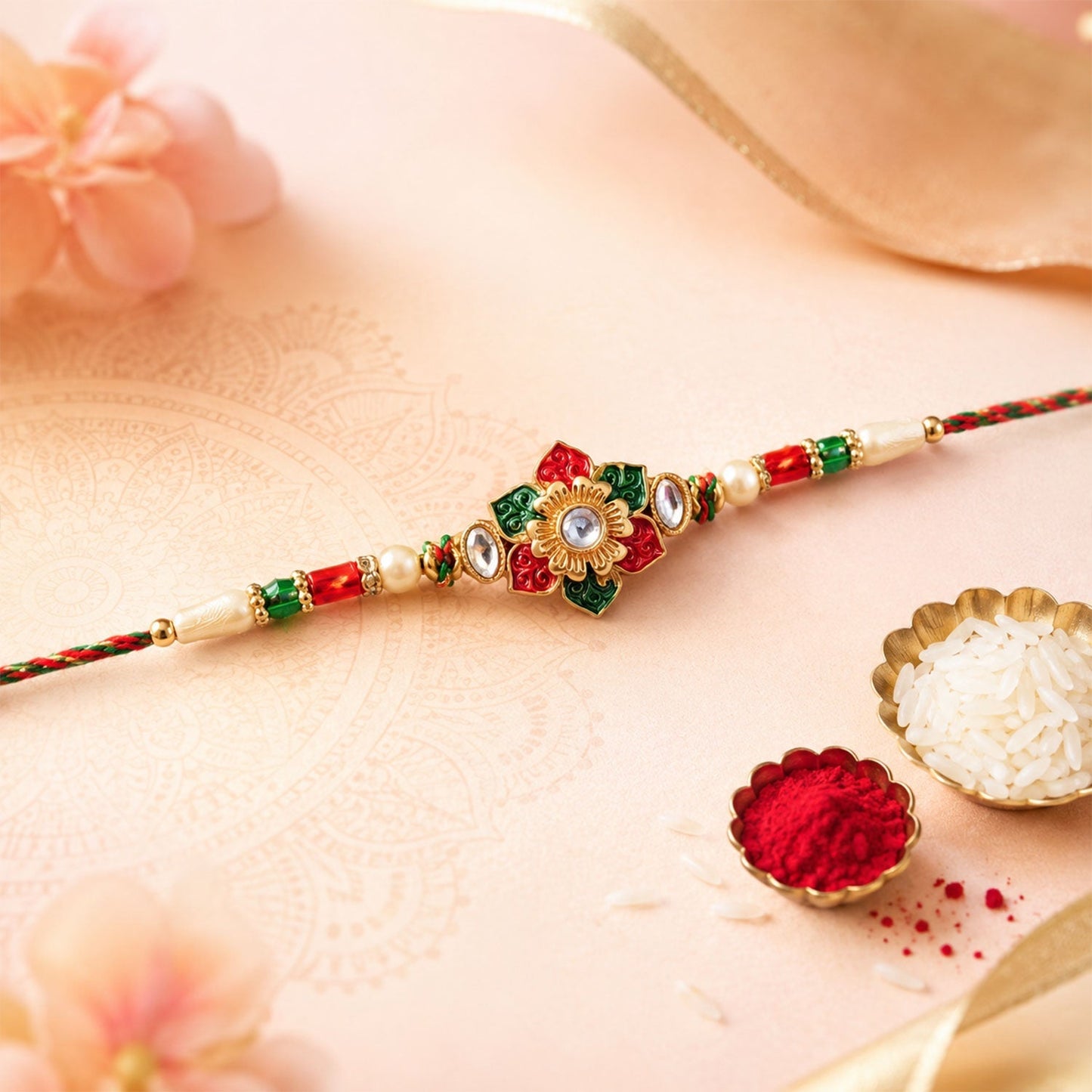 Premium stylish Rakhi with meenakari and kundan accents
