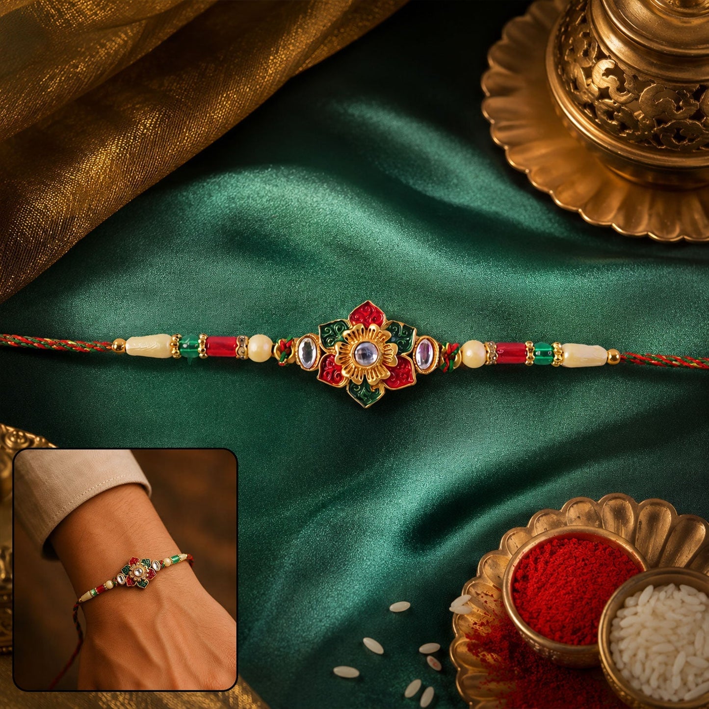 Vibrant Red Green Meenakari Kundan Rakhi with intricate design