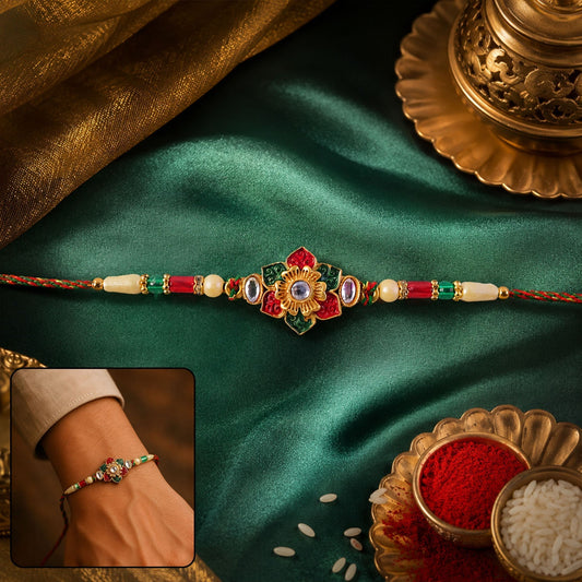 Vibrant Red Green Meenakari Kundan Rakhi with intricate design