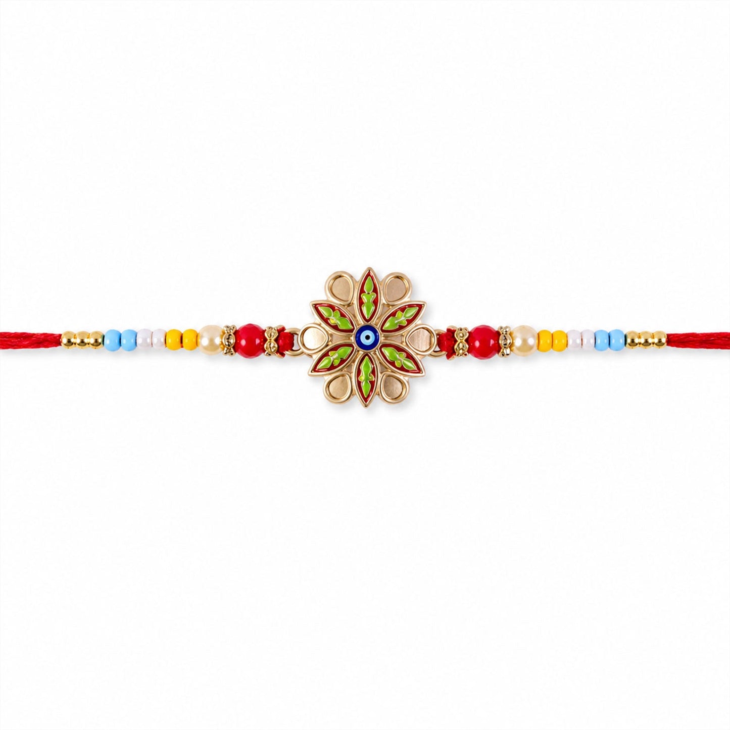 Side view of the colorful beads on the evil eye Rakhi.