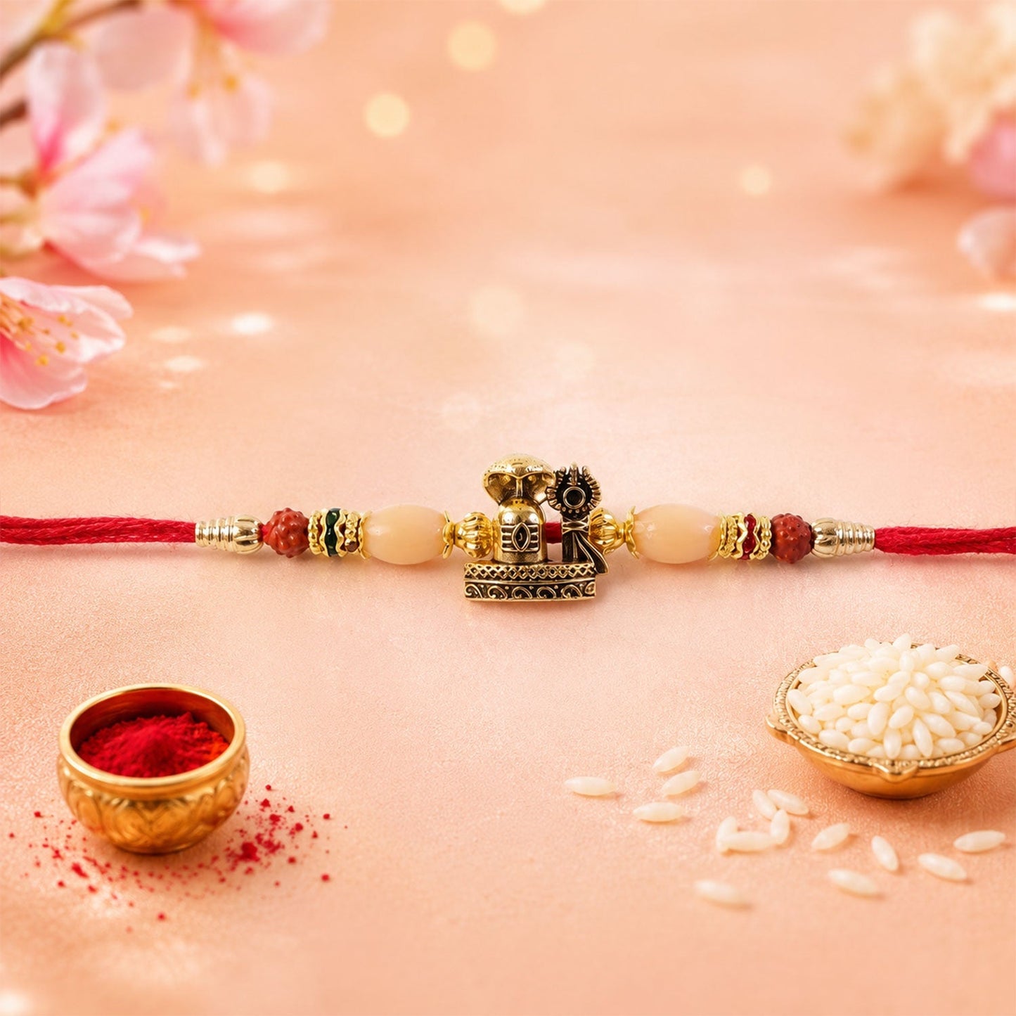 Stylish designer Rakhi with traditional Lord Vishnu motif and Rudraksha beads for brother