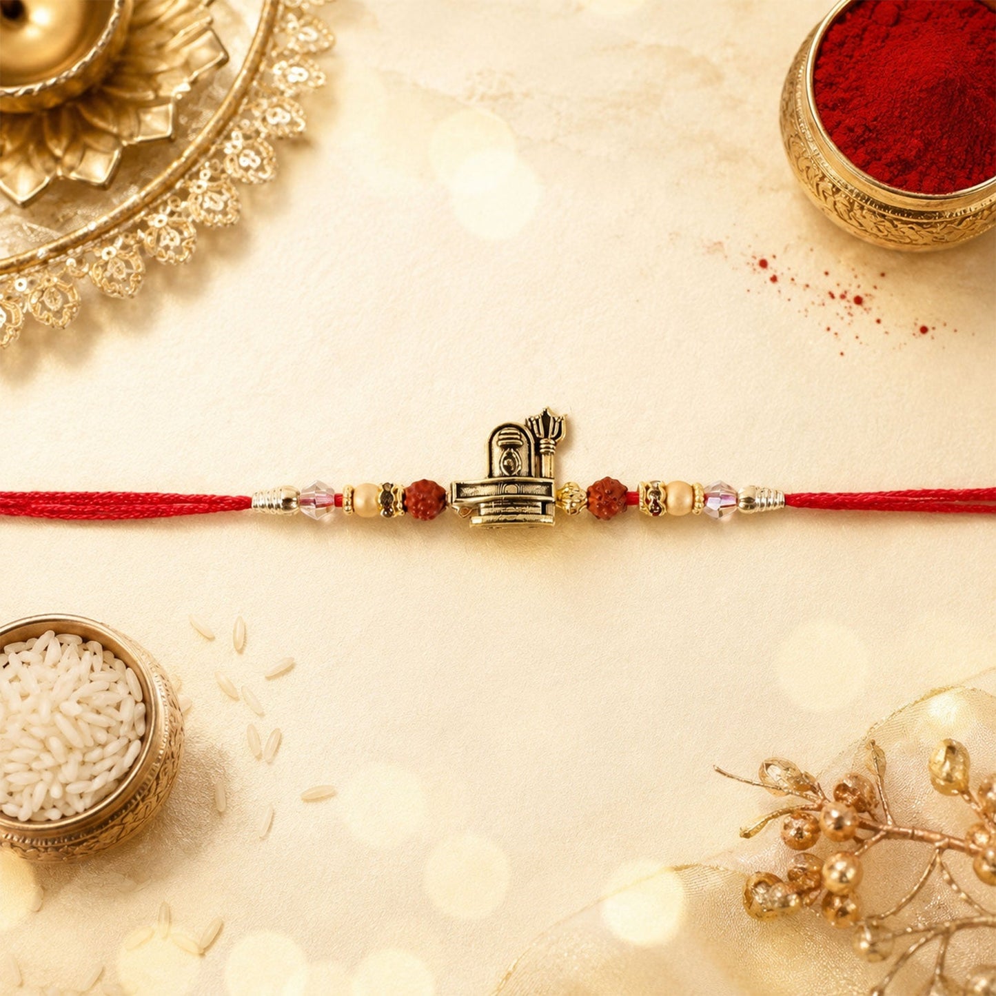 Festive Rakhi with antique gold design and religious motifs for Rakshabandhan