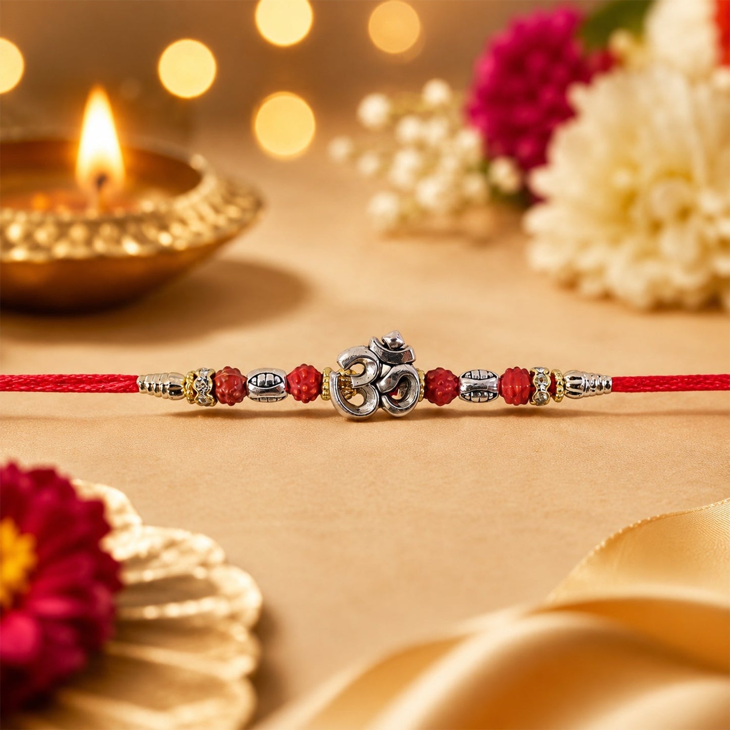 Sacred Om Rudraksha Rakhi with natural beads and polished silver.