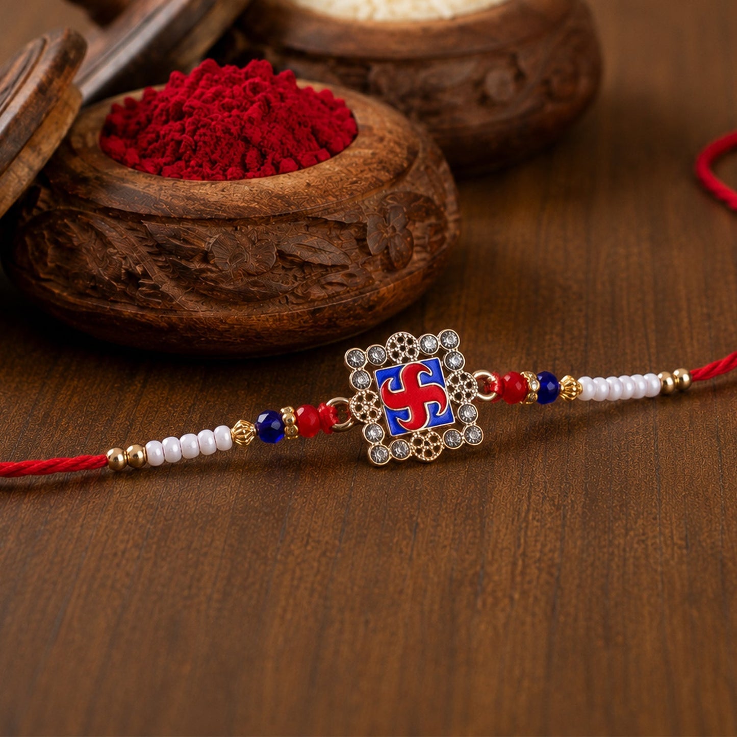 Beautifully crafted Rakhi with crystal beads, suitable for all ages