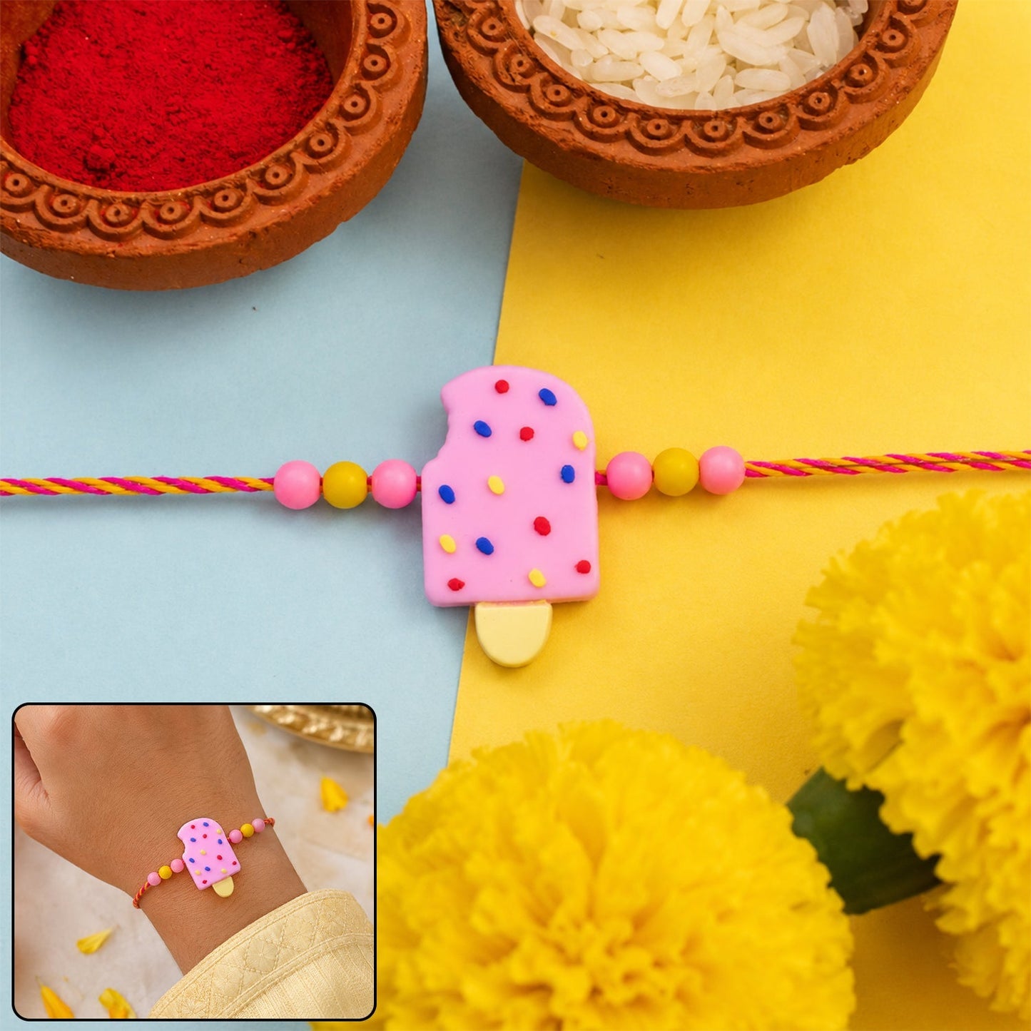 Vibrant Ice Cream Kids Rakhi with a cute clay design, perfect for a brother on Raksha Bandhan.